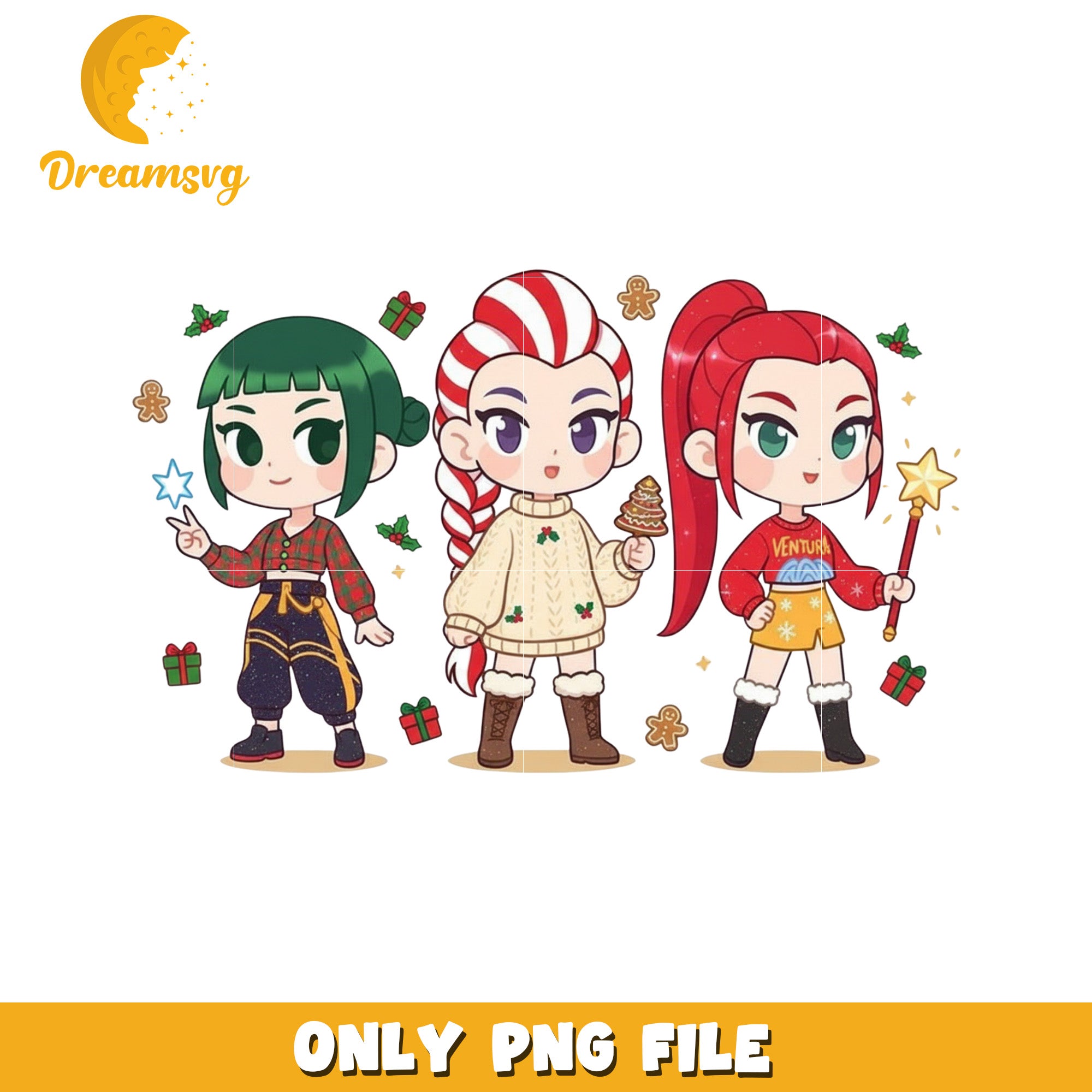 Cute chibi girls huntrix png, kpop demon hunters​ png, christmas lights png