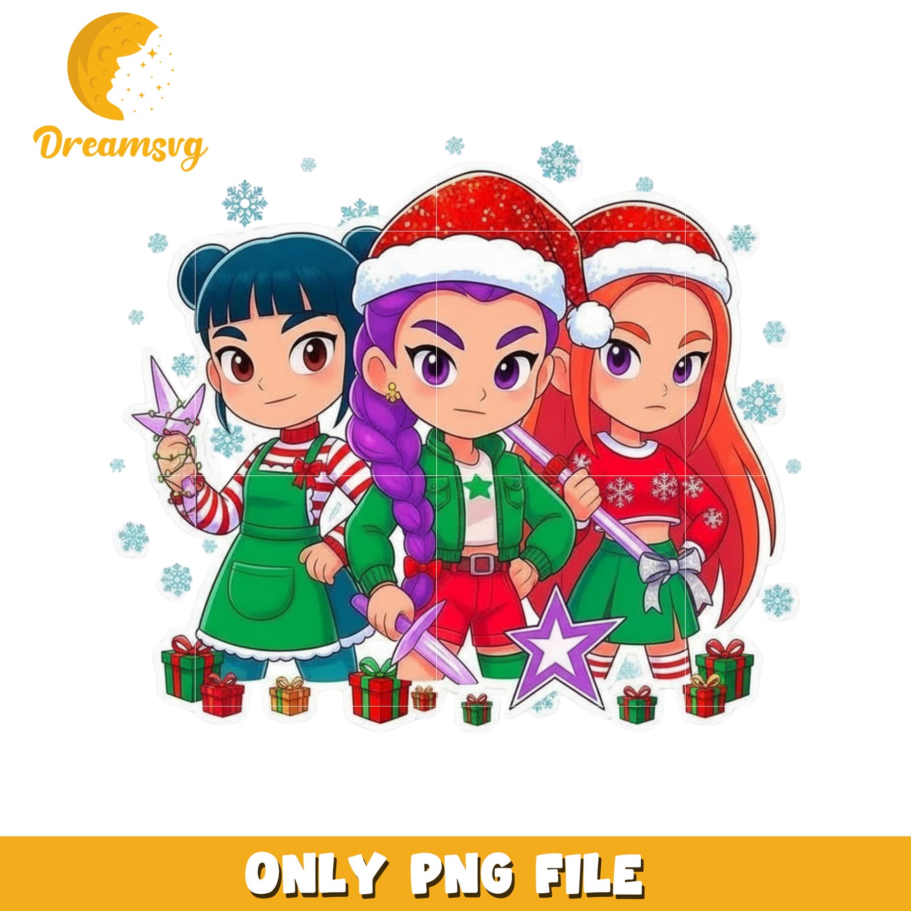 Cute chibi huntrix girls png, spirit christmas​​ png, huntrix christmas png