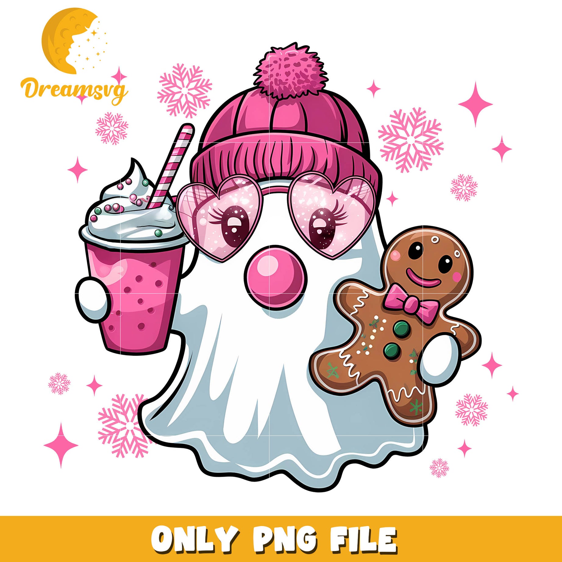 Cute ghost holding cream png, cookie christmas png, christmas pink png