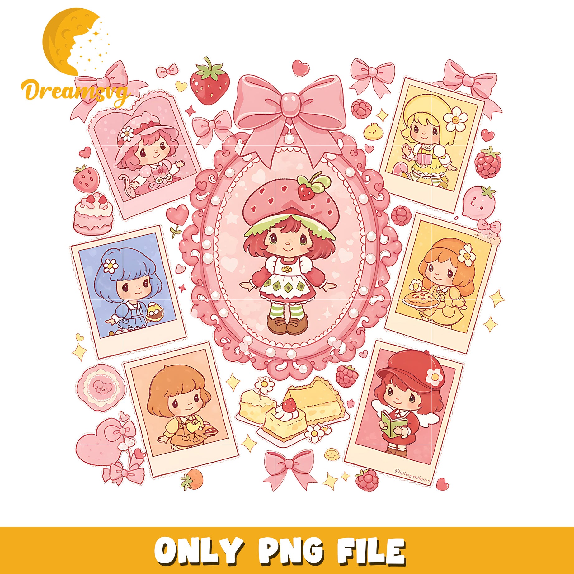 Cute picture frame png, shortcake art png, strawberry shortcake design png