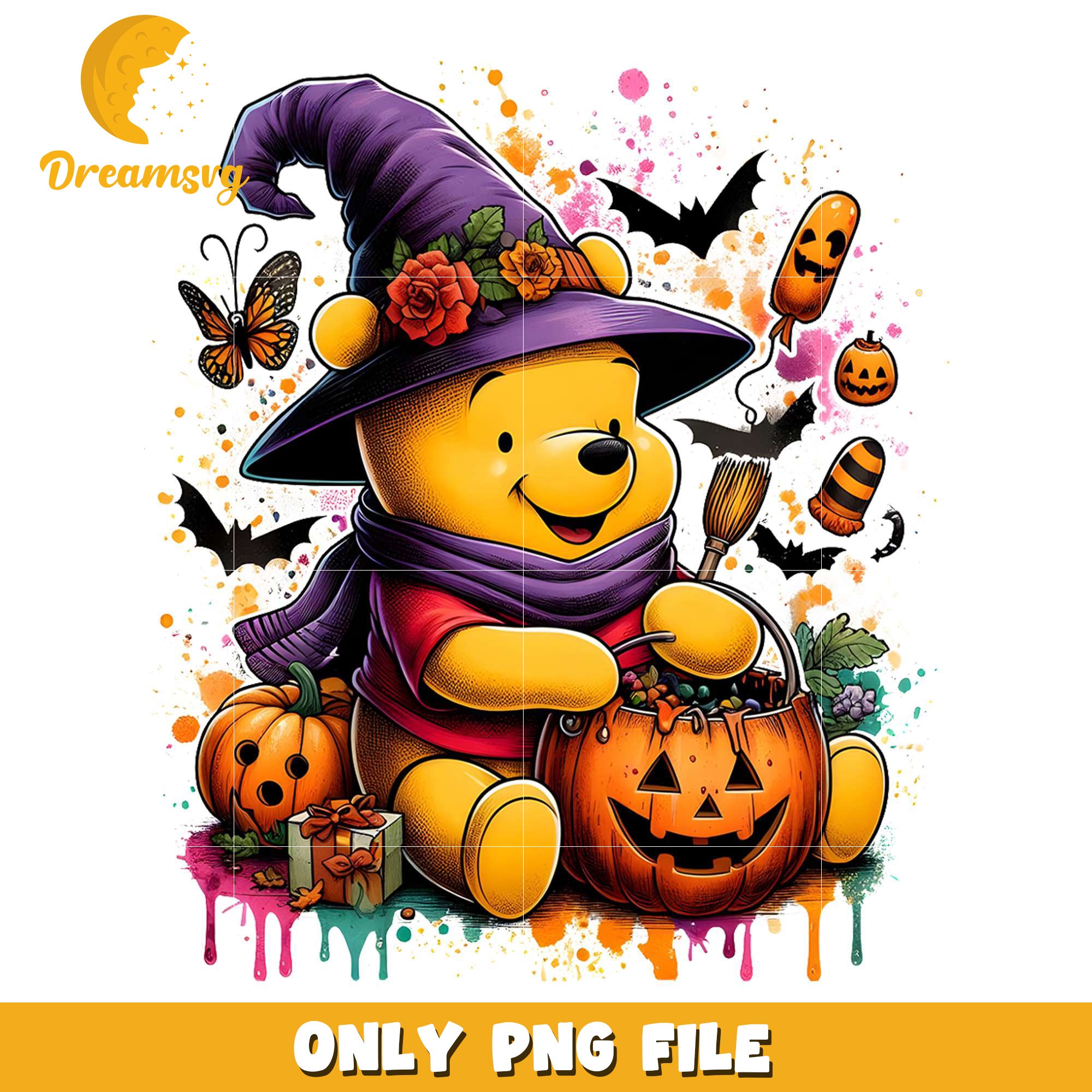 Cute pooh with candy png, trick oe treat png, halloween era png