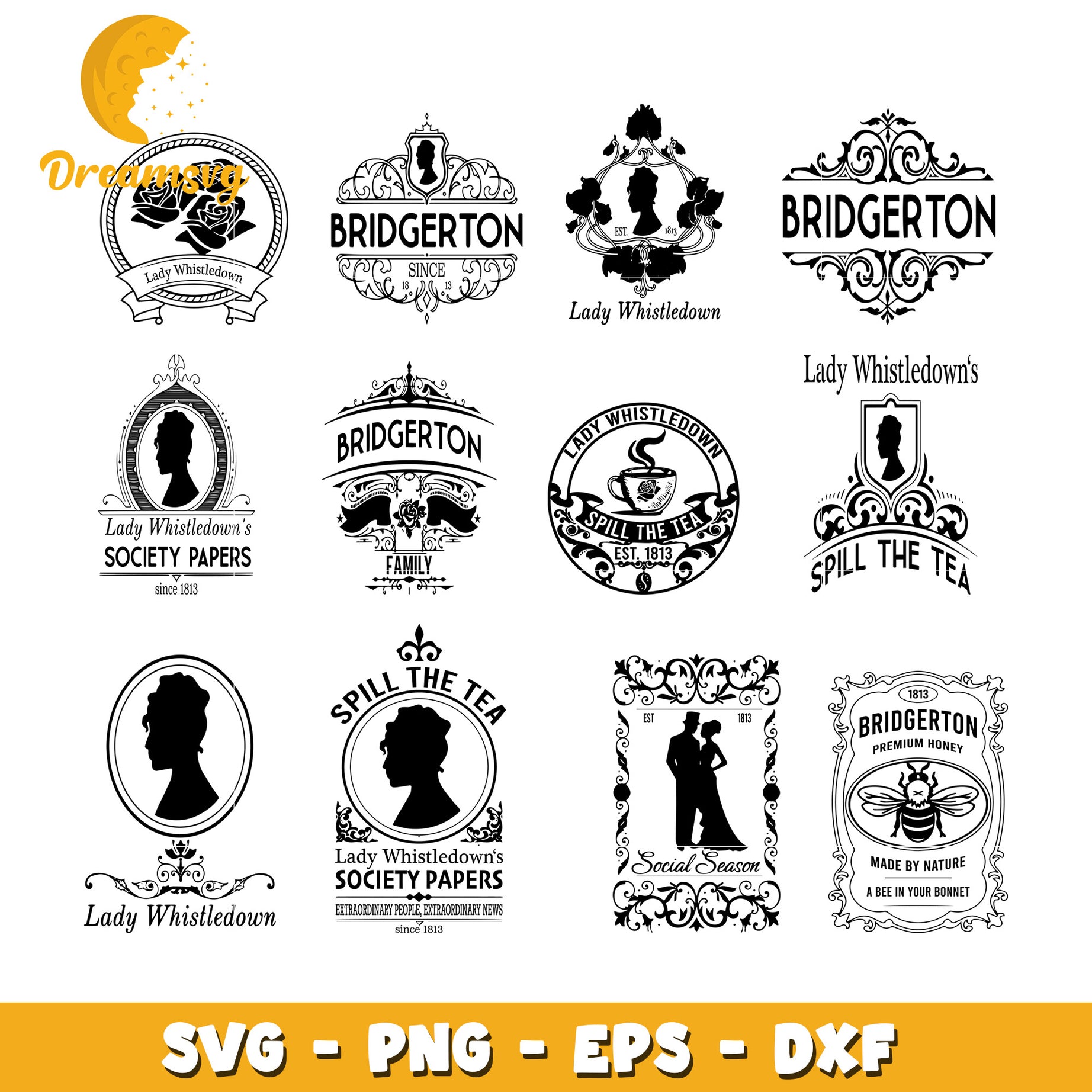 Lady whistledown logo black white design bundle svg, bridgerton logo​ svg