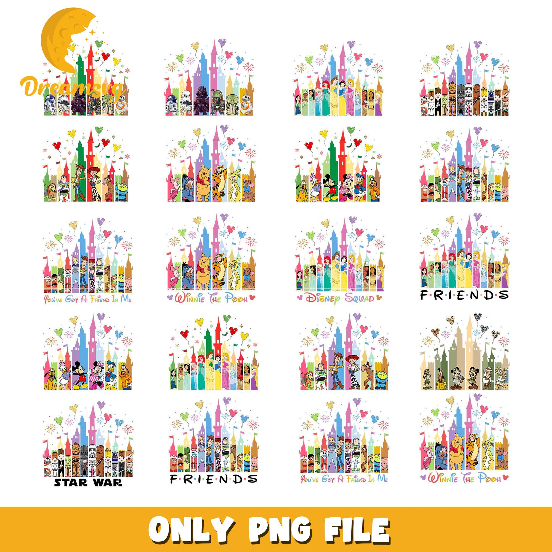 Disney characters castle design bundle png, disney castle png