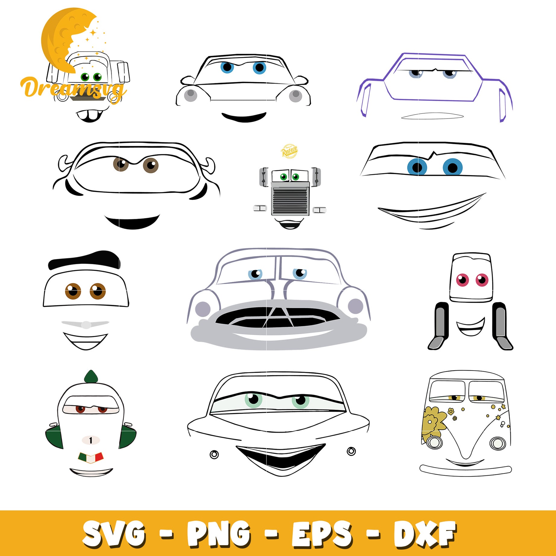 Disney cars face outline design bundle svg, disney character cars​ svg