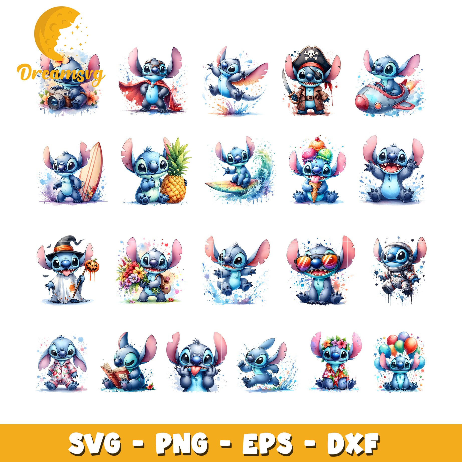 Disney stitch wartercolor design bundle svg, cute disney stitch​ svg