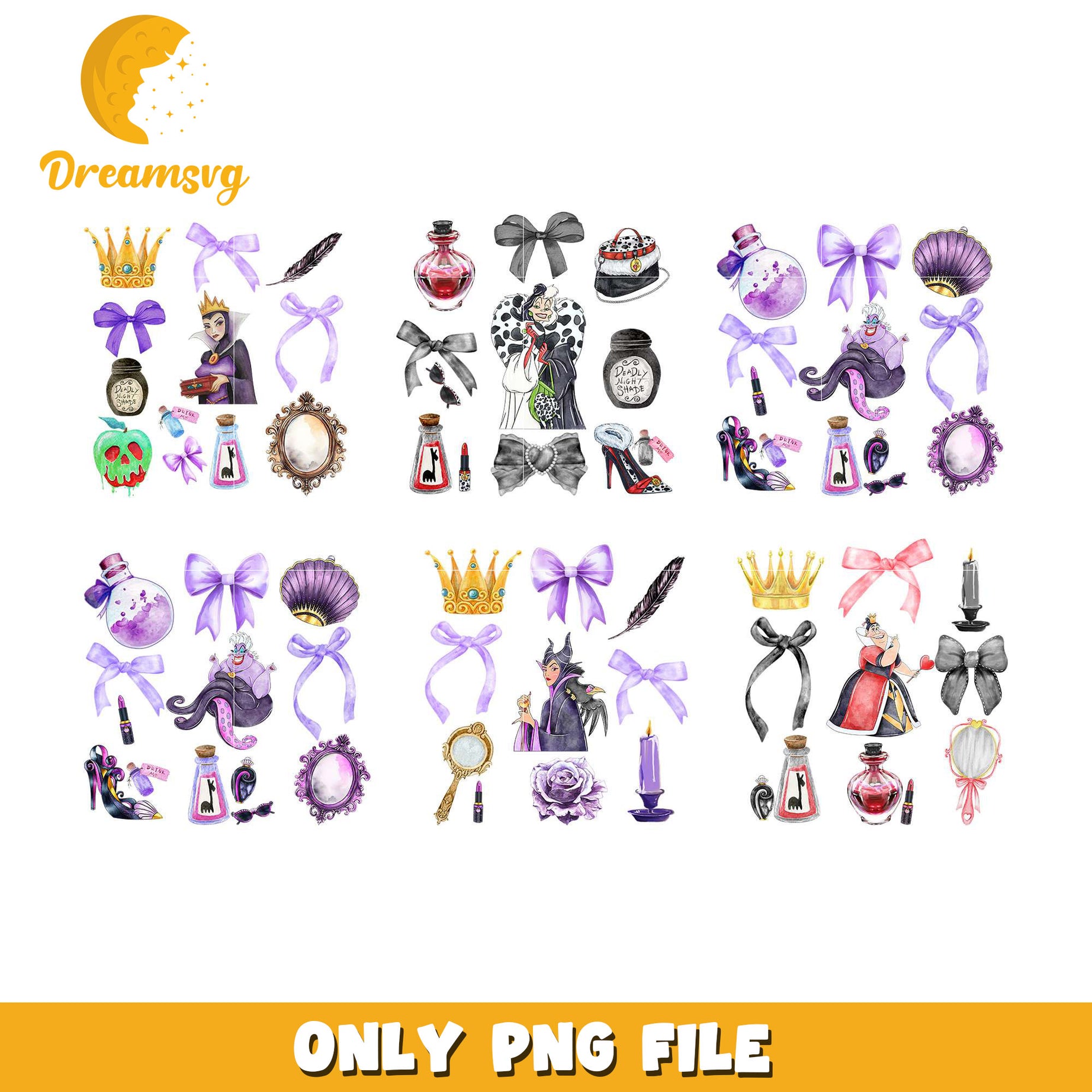 Bow tie disney villains design bundle png, disney villain witch png​