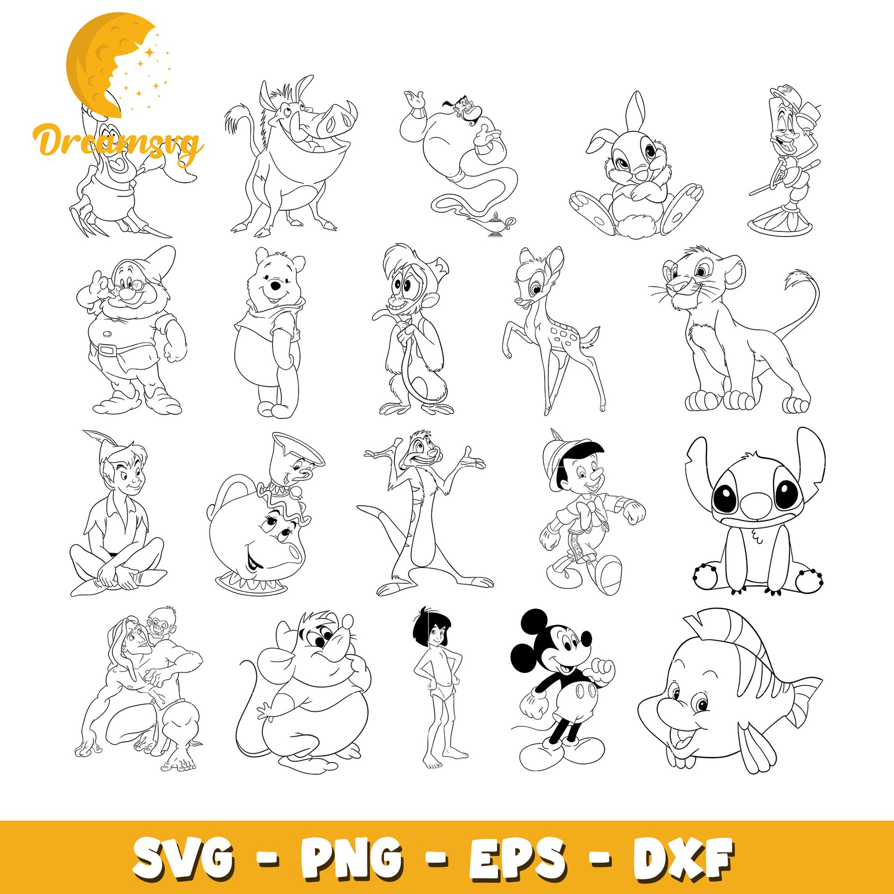 Disney characters outline bundle svg, disney cartoon characters​ svg