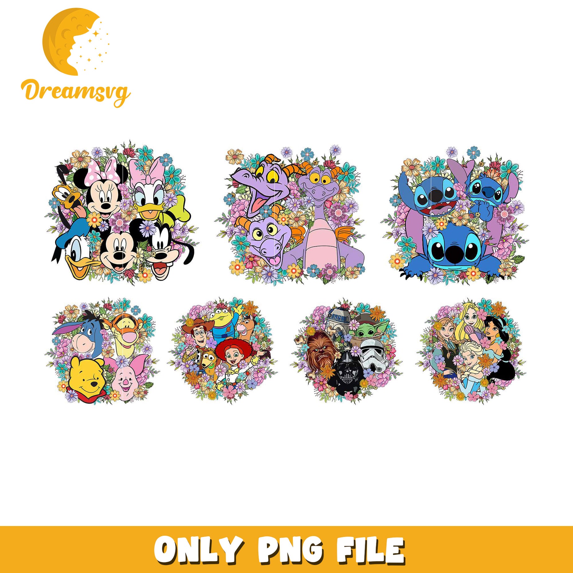 Disney characters flower design bundle png, Disney characters png