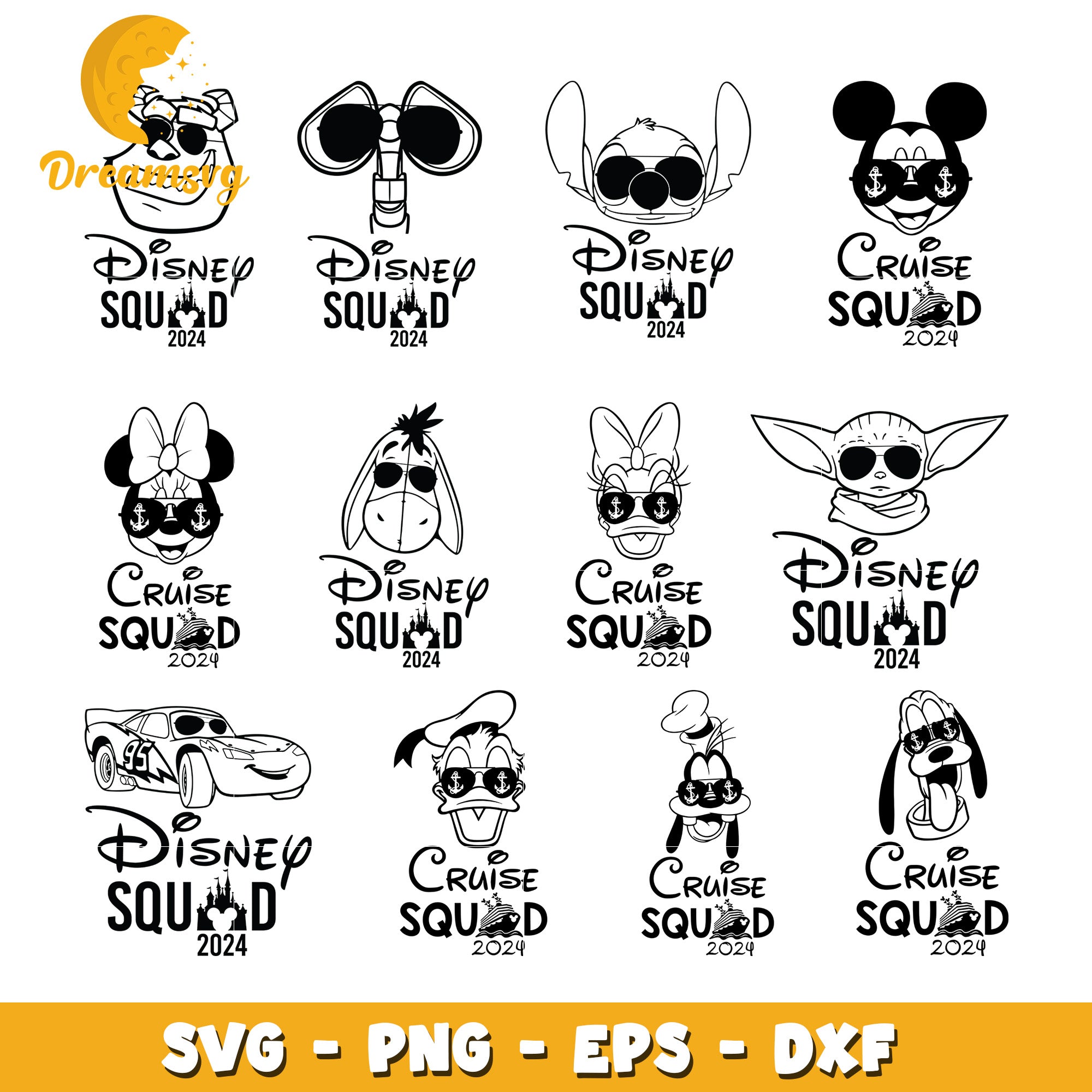 Disney squad 2024 face design bundle svg, disney characters​ svg