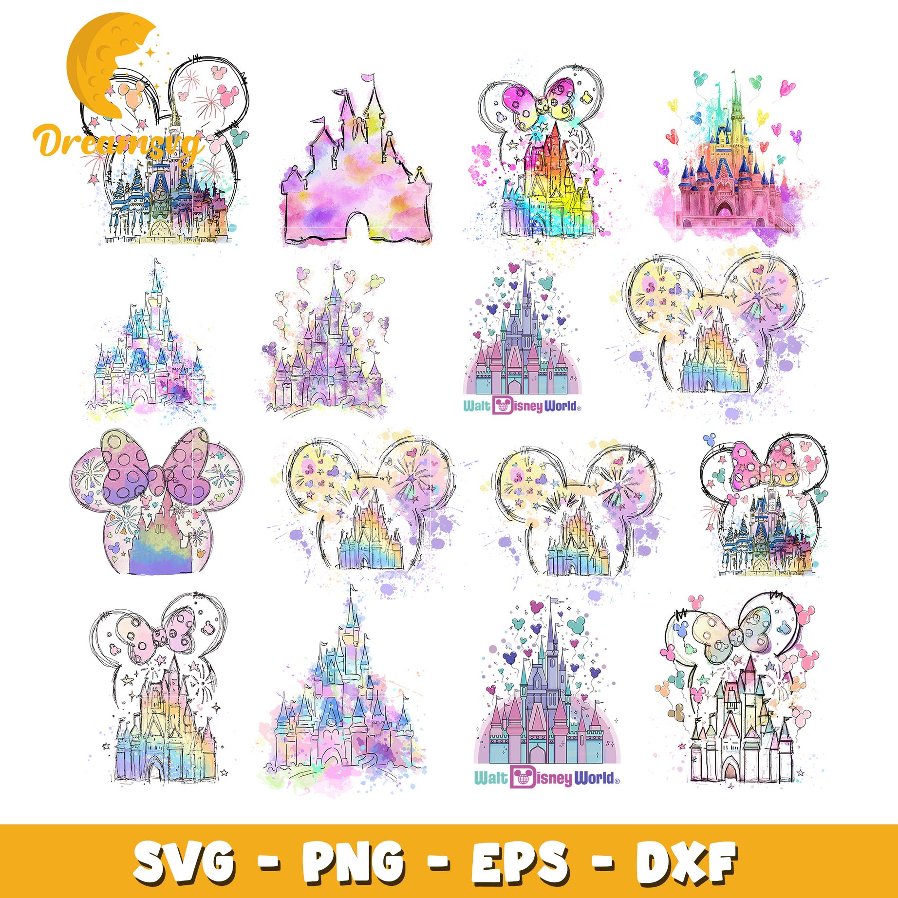 Mickey ears castle watercolor bundle svg, disney world castle​ svg