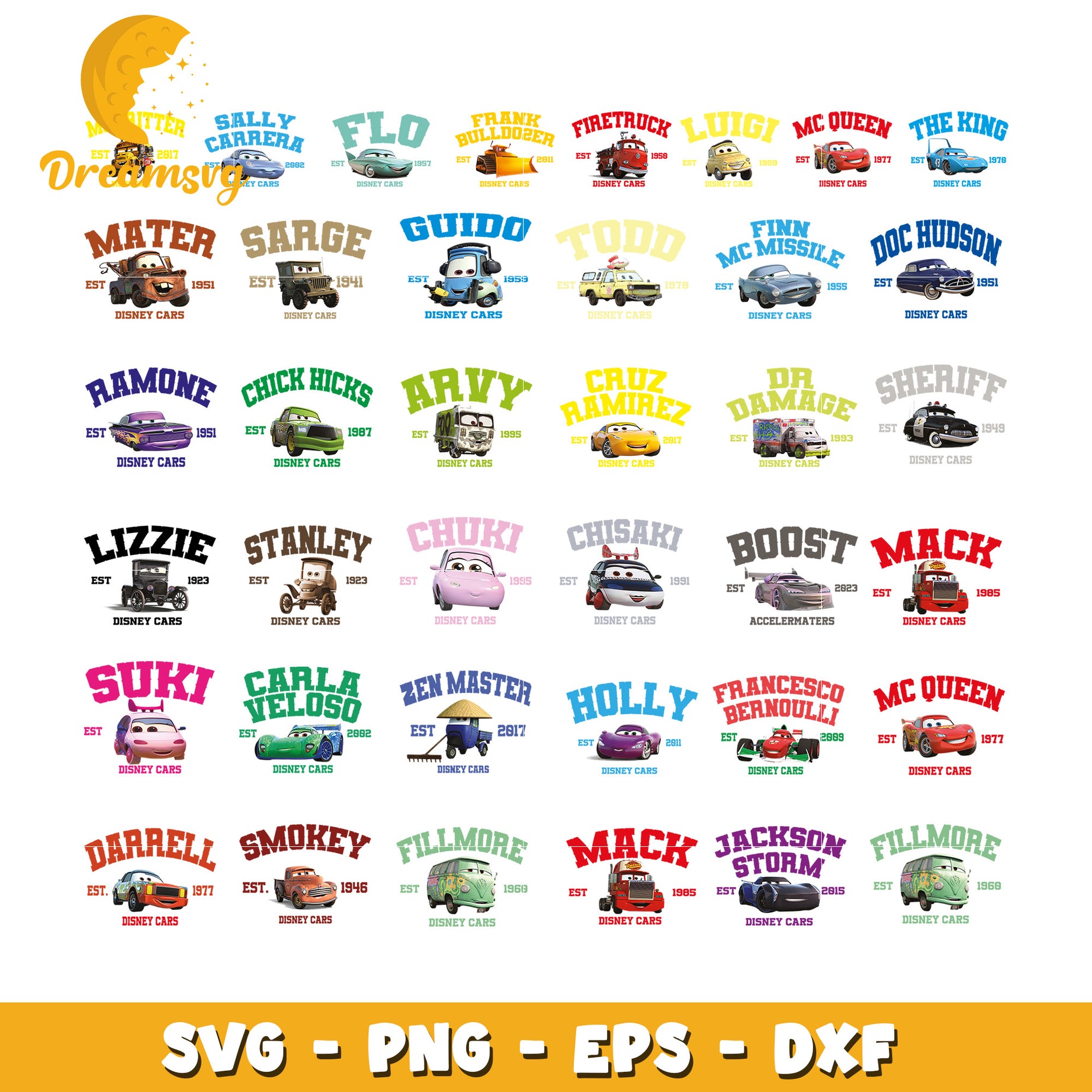 Mcqueen est 1977 disney cars bundle svg, disney cars characters svg