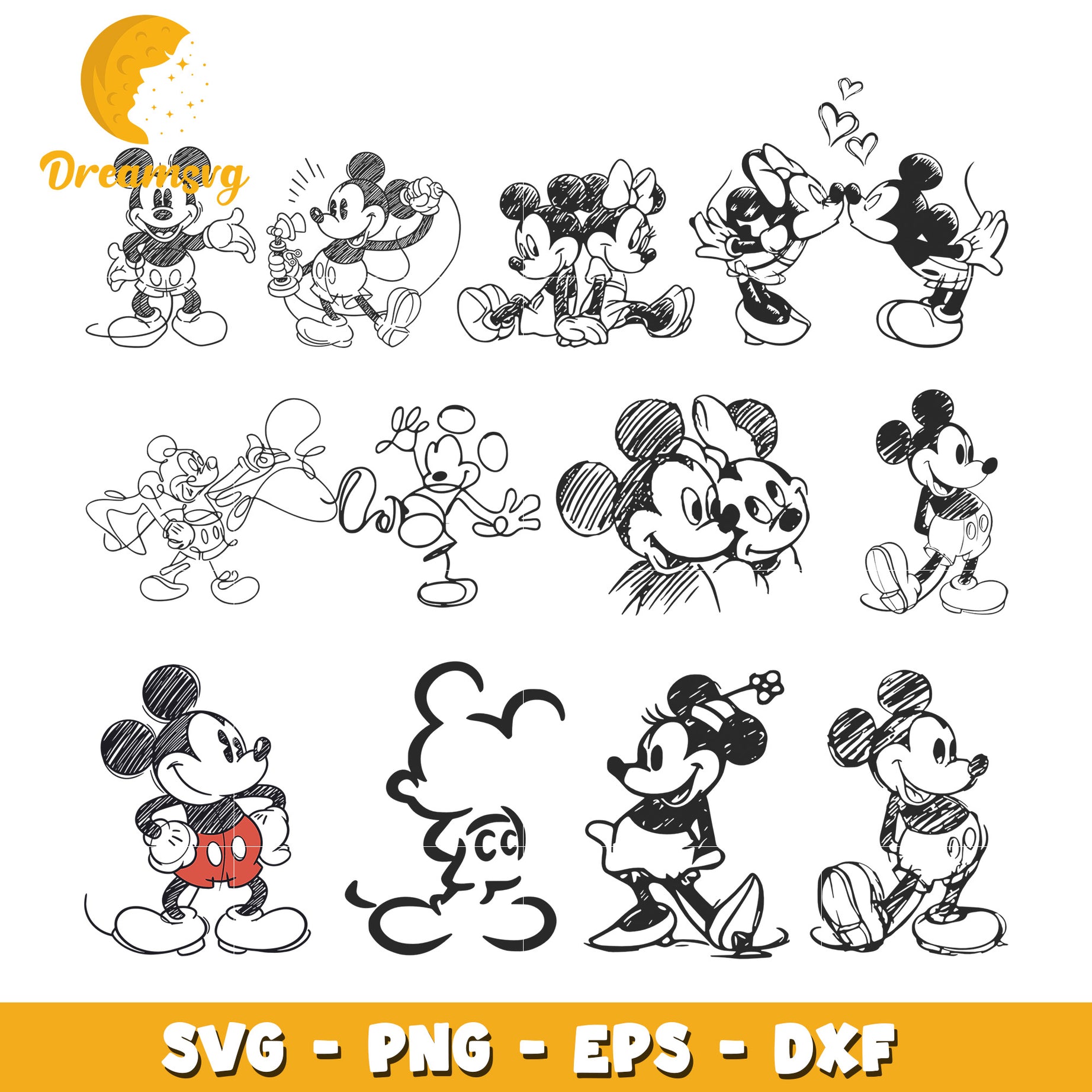 Disney mickey black white design bundle svg, minnie mouse black white​ svg