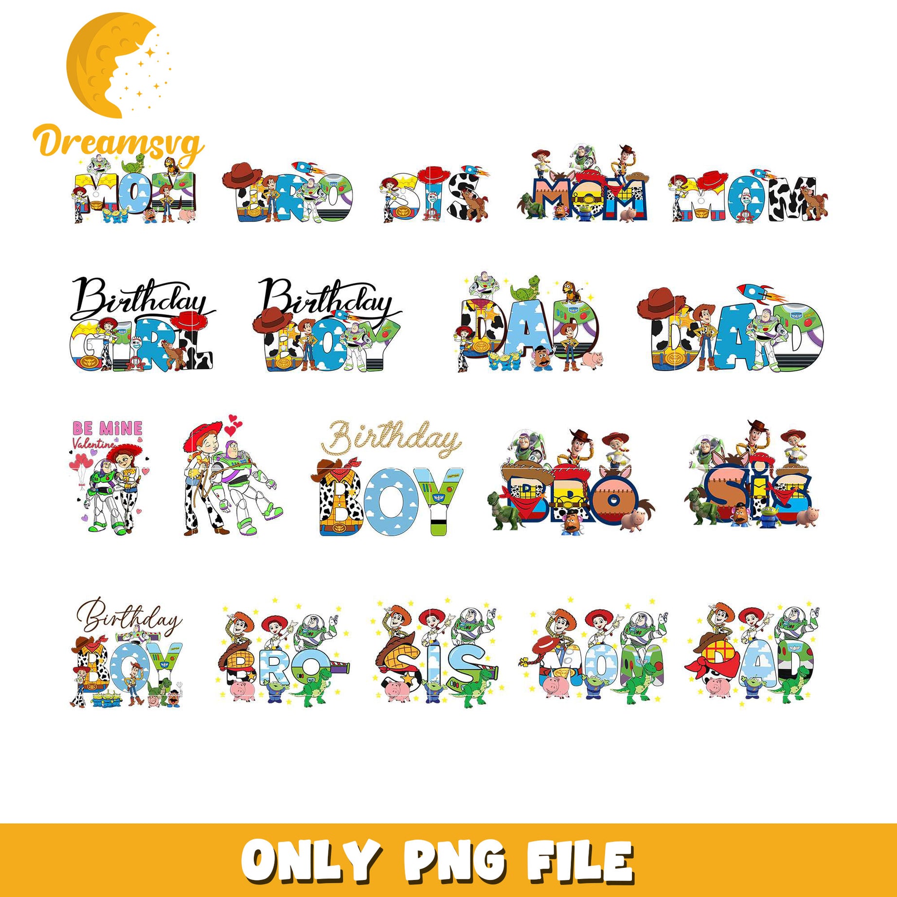 Woody and friends family design bundle png, toy story birthday​ png