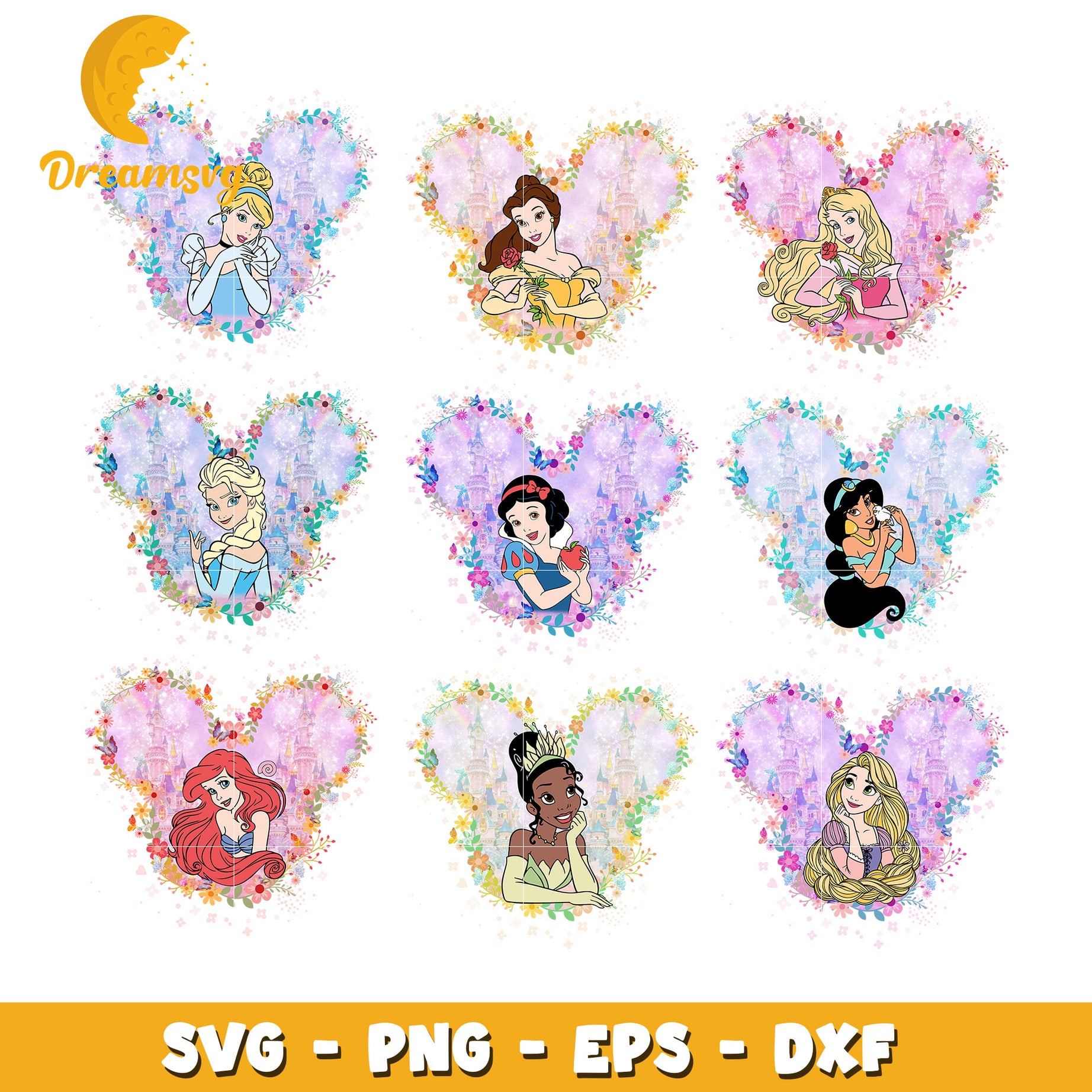 Disney princess mickey head design bundle svg, disney princess castle​ svg