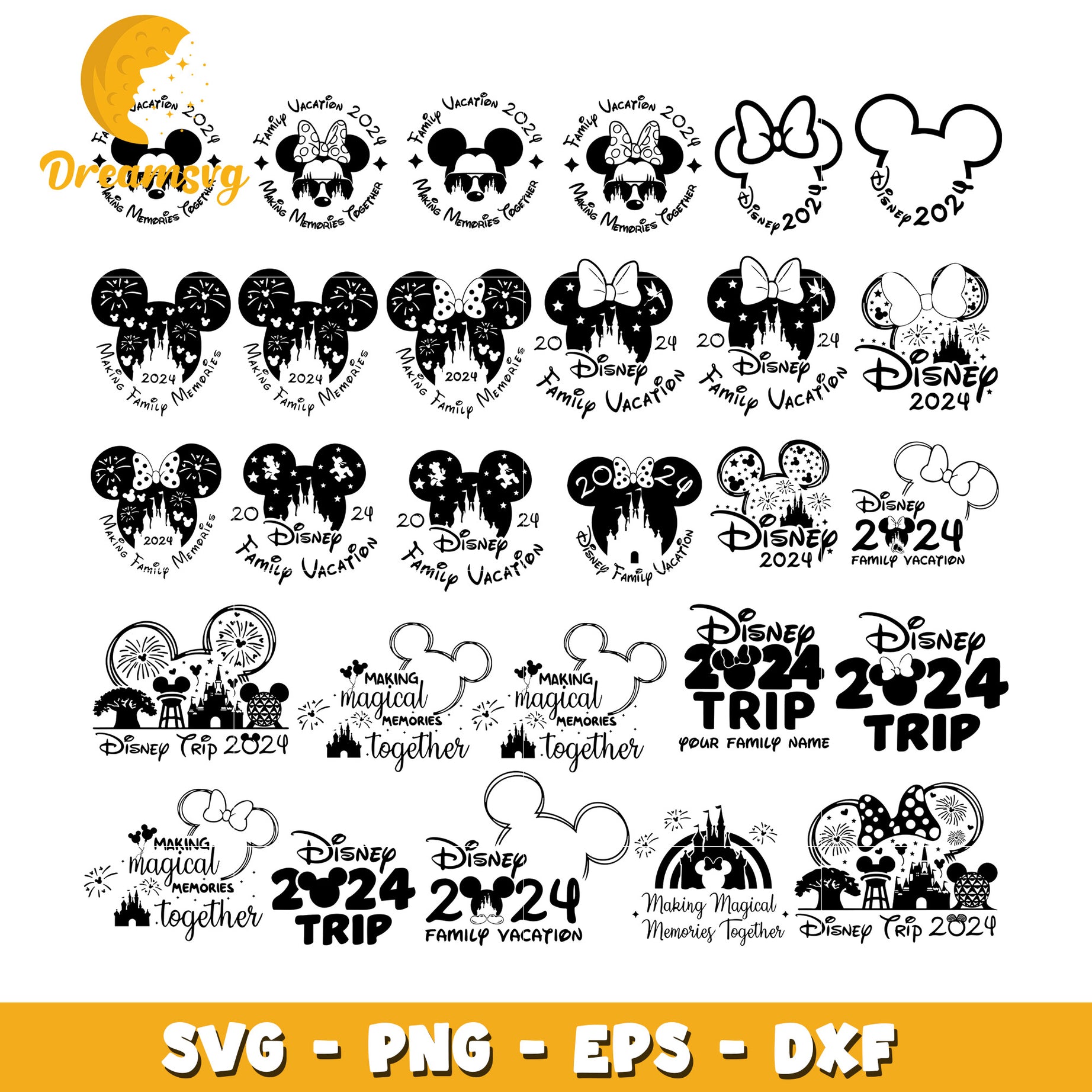 Disney family vacation 2024 black white bundle svg, mouse head​ svg