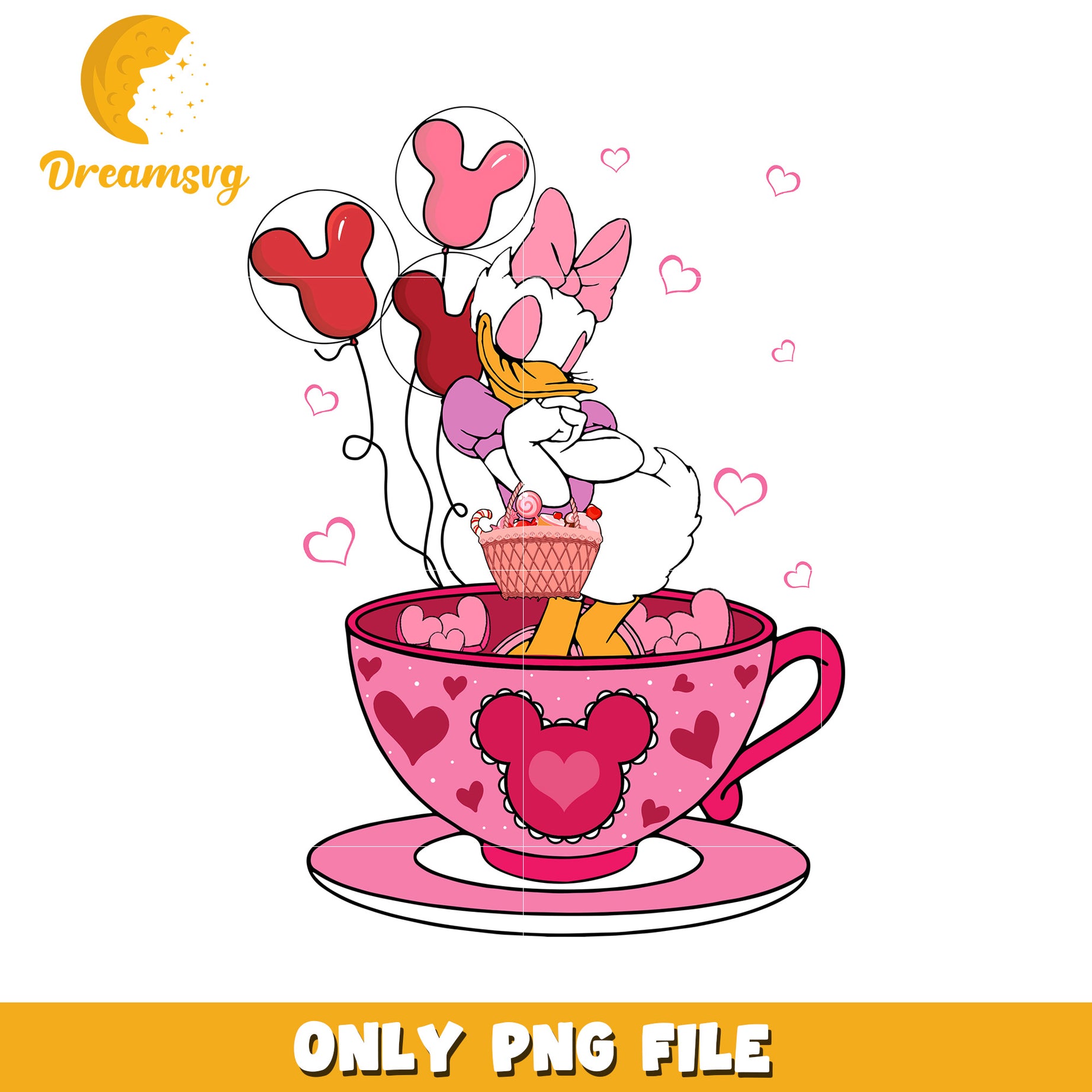 Daisy Duck in Cup with Balloons and Hearts PNG File