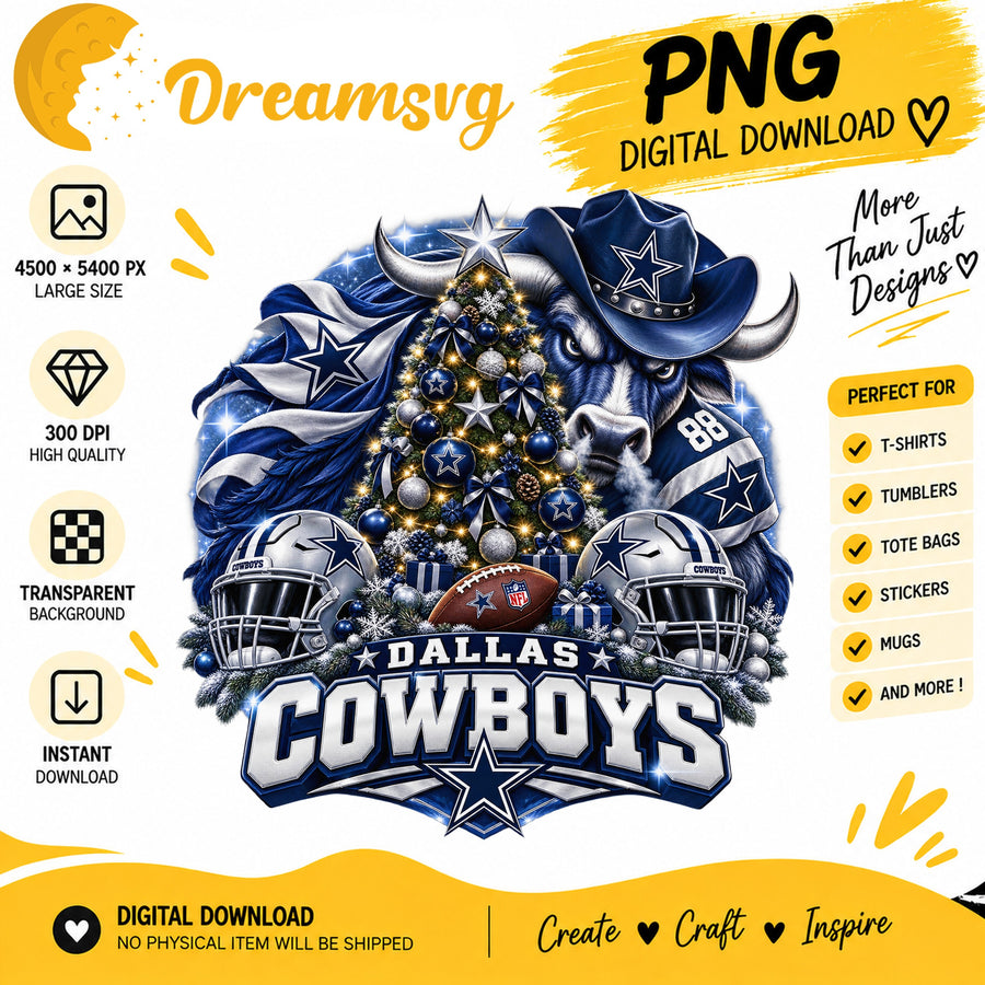 Dallas Cowboys Christmas PNG, Football Bull Holiday Tree