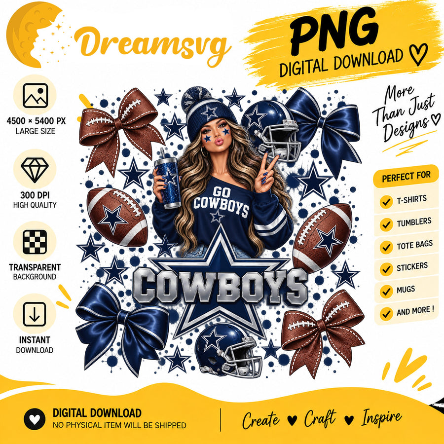 Dallas Cowboys Coquette Bow Football Fan Girl PNG