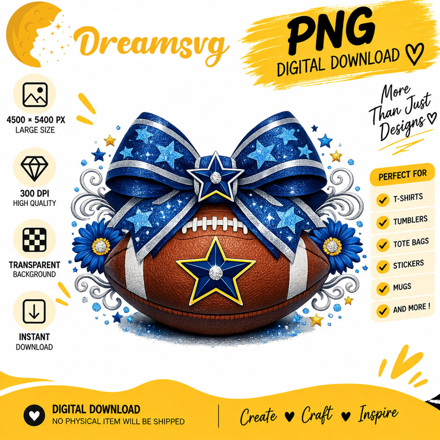 Dallas Cowboys Coquette Bow Glitter Football Sublimation PNG