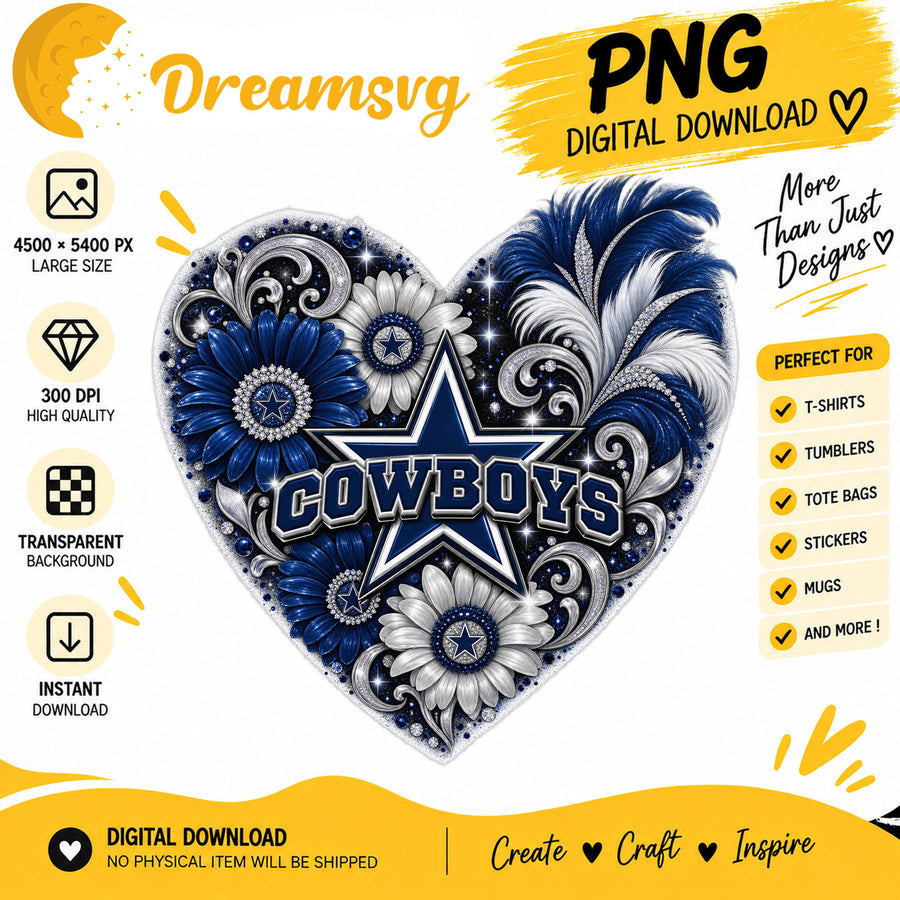 Dallas Cowboys Floral Heart NFL Football Sublimation PNG