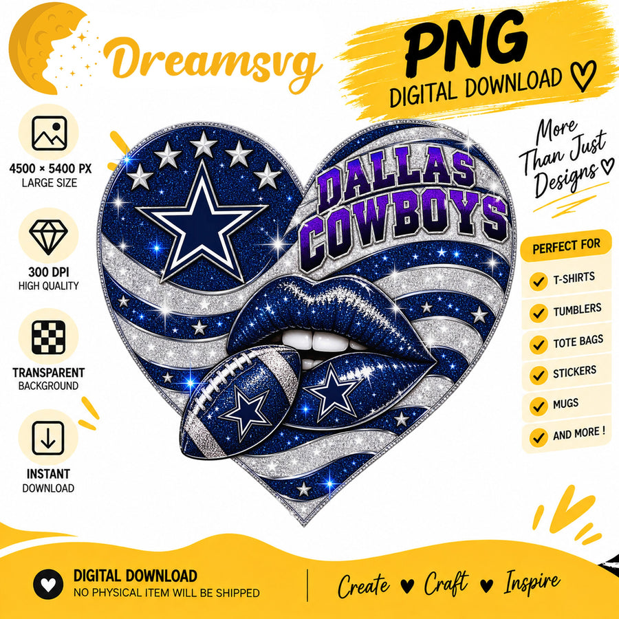 Dallas Cowboys Glitter Heart NFL Football Fan Girl PNG