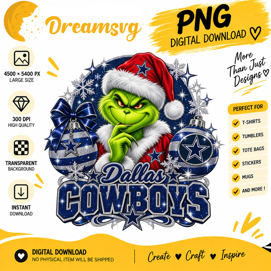 Dallas Cowboys Grinch Santa Christmas Football Design PNG