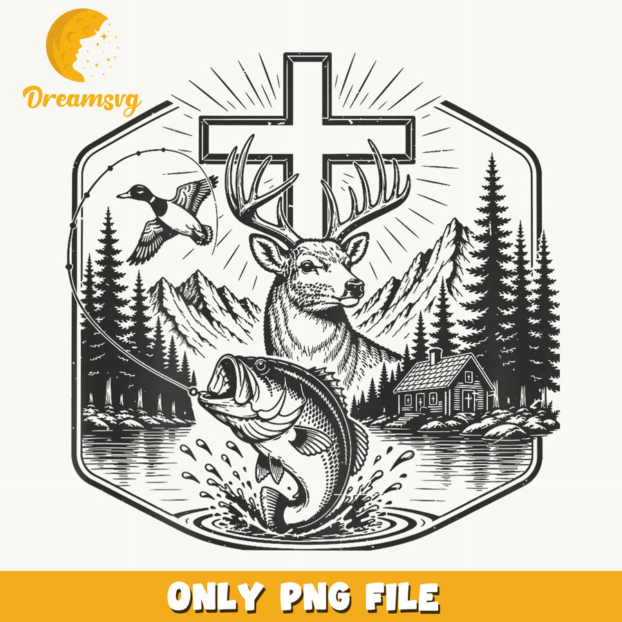 Deer Cross Fishing PNG, Mountain Landscape, Nature Art
