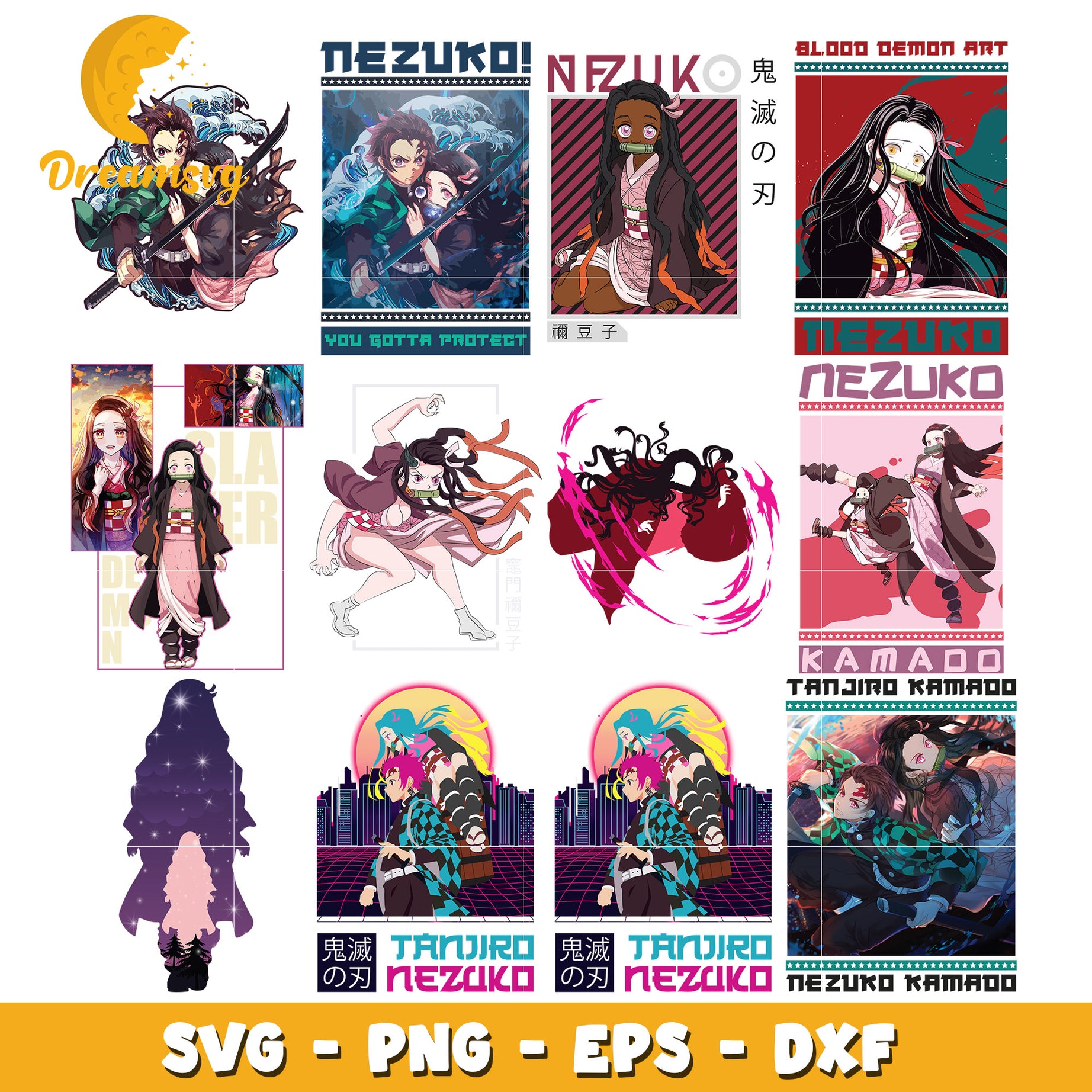 Nezuko and tanjiro anime bundle design svg, demon slayer characters​ svg