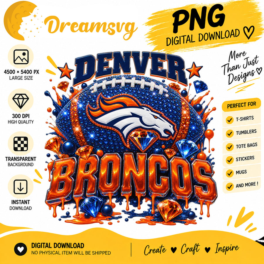 Denver Broncos Bling Glitter Football Sublimation PNG