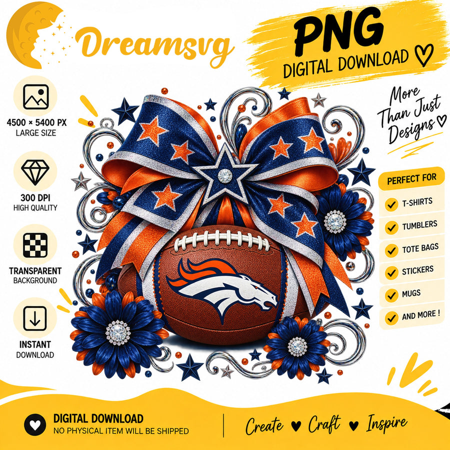 Denver Broncos Coquette Bow Floral Football PNG