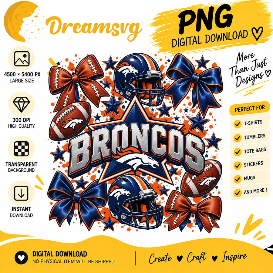 Denver Broncos Coquette Bow Football Helmet Stars PNG