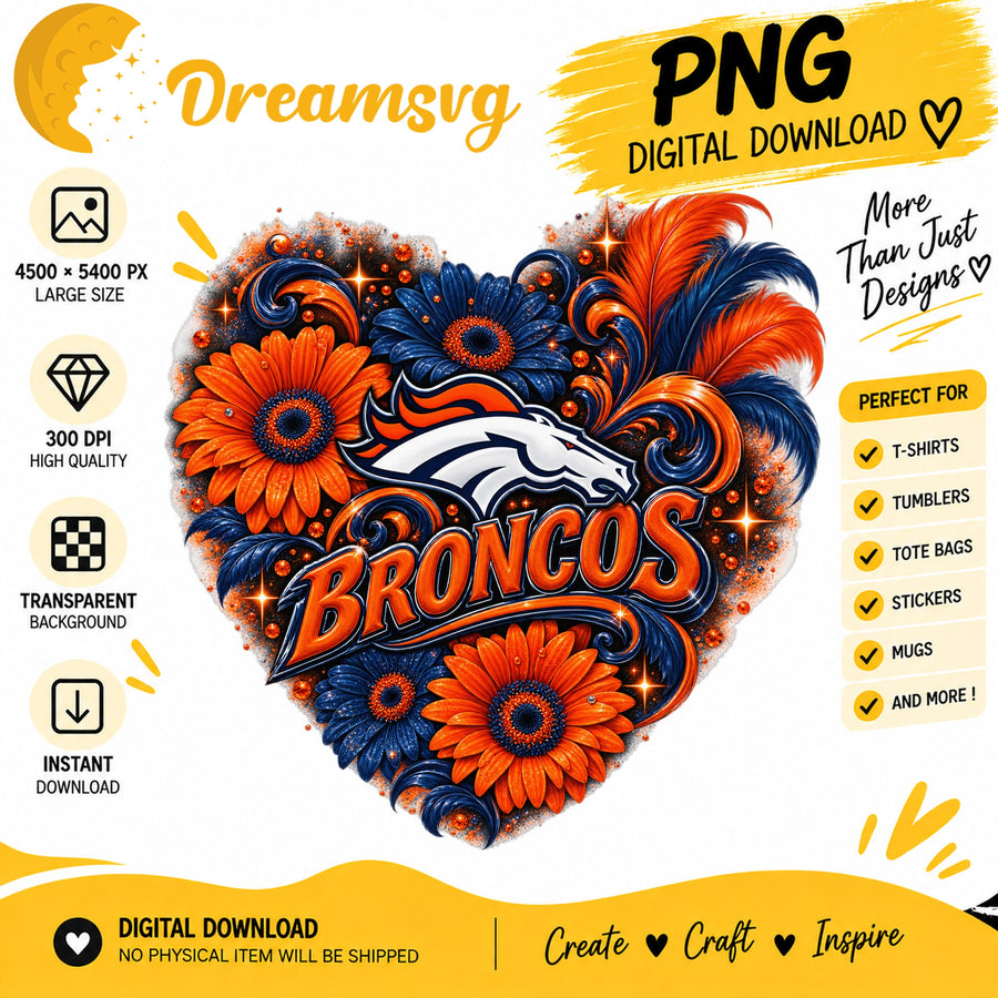 Denver Broncos Floral Heart NFL Football Sublimation PNG
