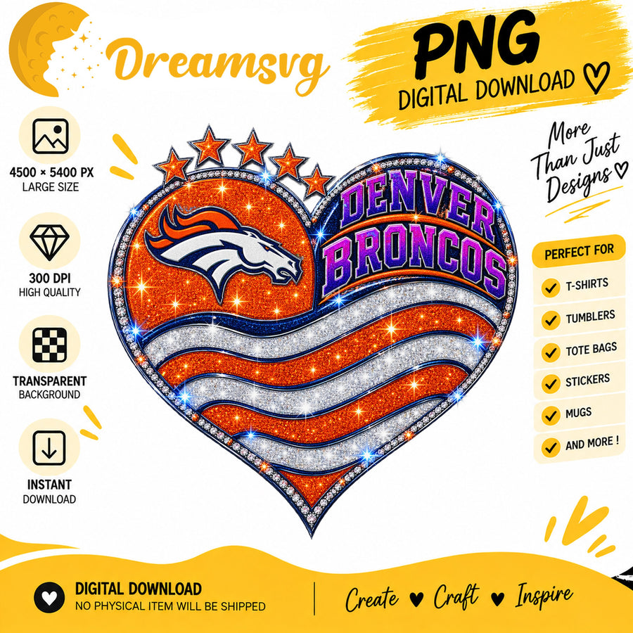 Denver Broncos Glitter Heart NFL Football Sublimation PNG