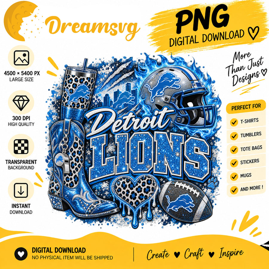 Detroit Lions Bling Glitter Leopard Boots Football PNG
