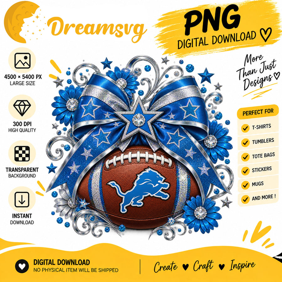 Detroit Lions Coquette Bow Glitter Floral Football PNG