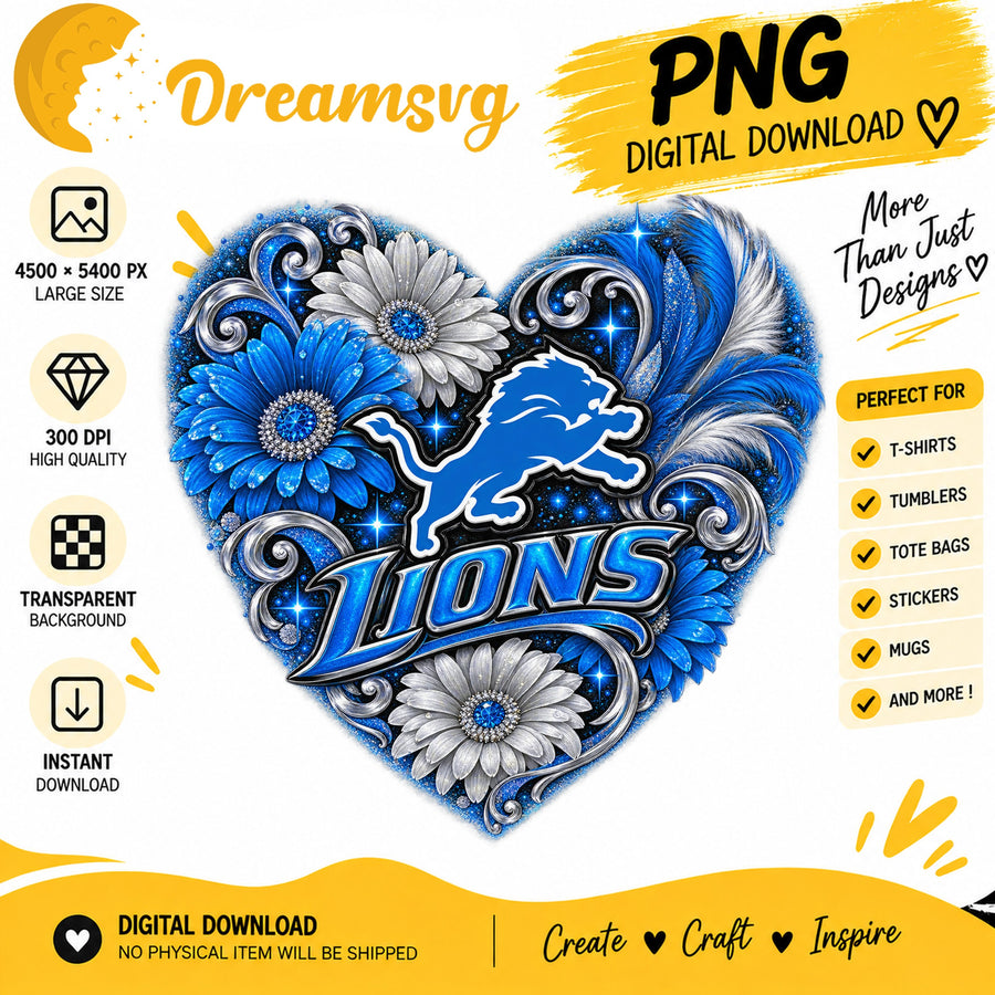 Detroit Lions Floral Heart NFL Football Sublimation PNG