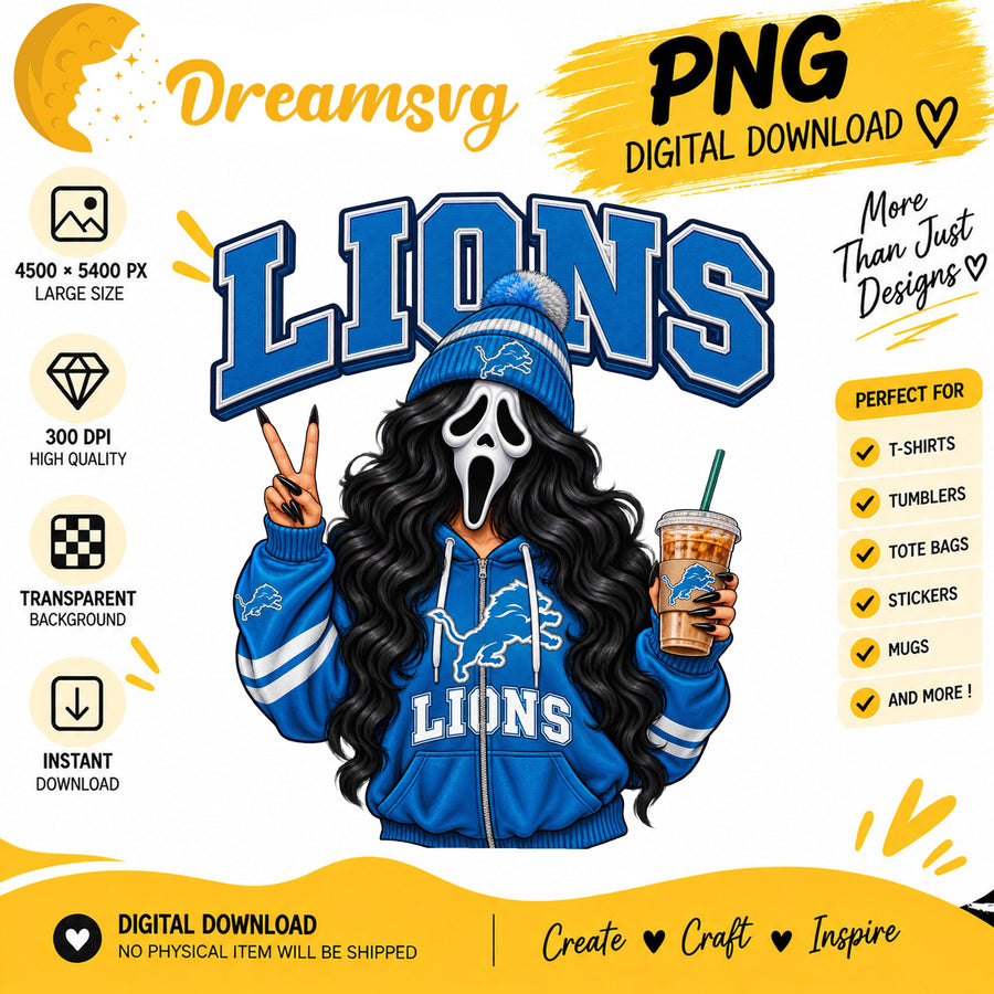 Detroit Lions Ghost Face Halloween Football Fan Girl PNG