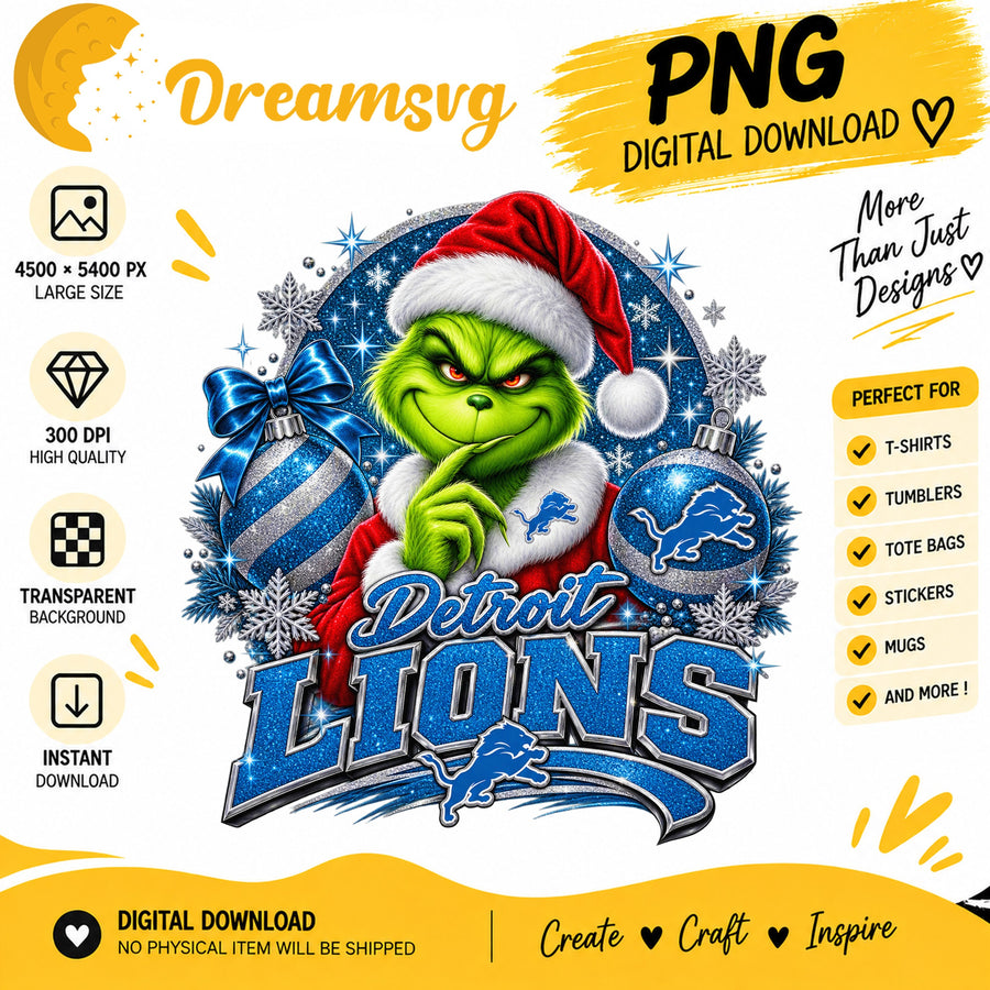 Detroit Lions Grinch Santa Christmas Football Design PNG