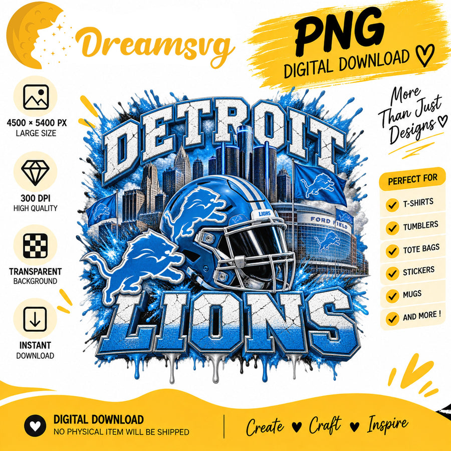 Detroit Lions Grunge Football City Skyline Stadium PNG