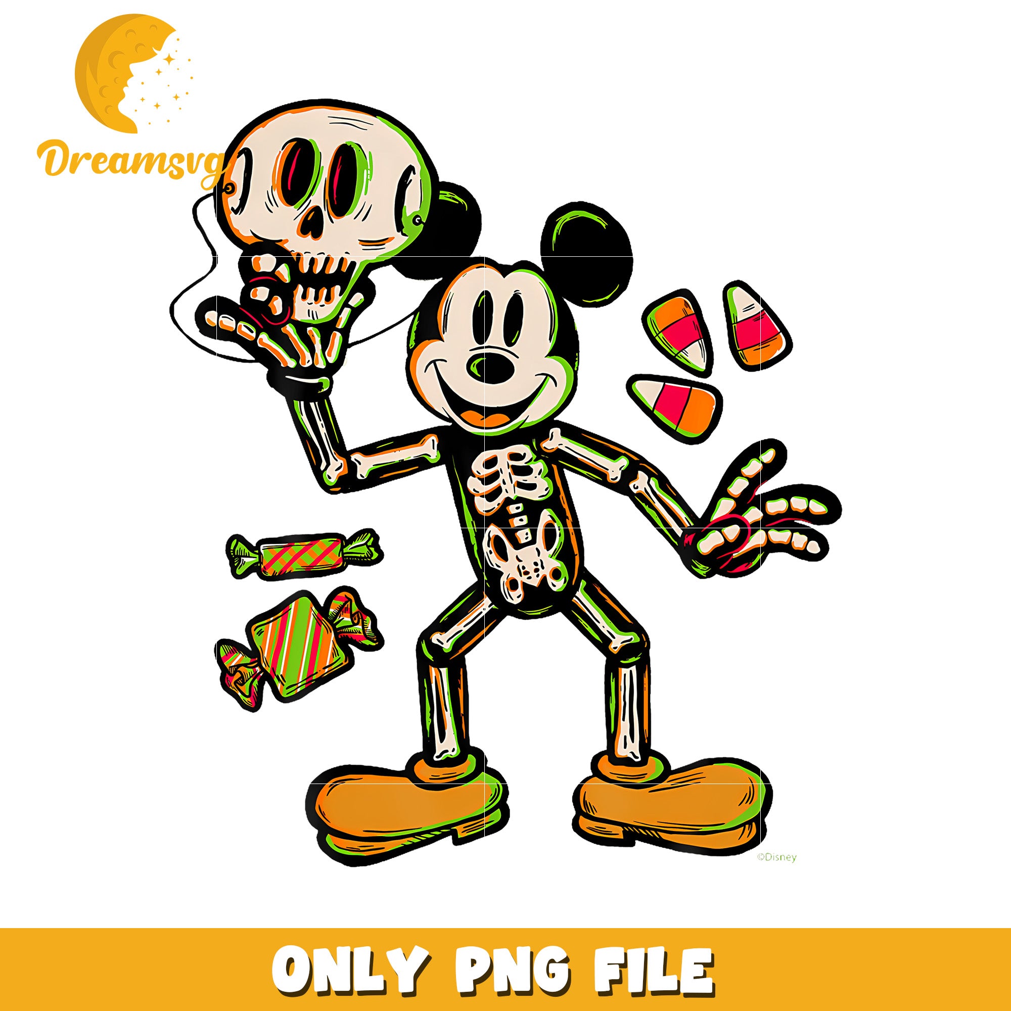 Disney 100 Mickey Mouse Skeleton Costume png, halloween candy png, trick or treat png