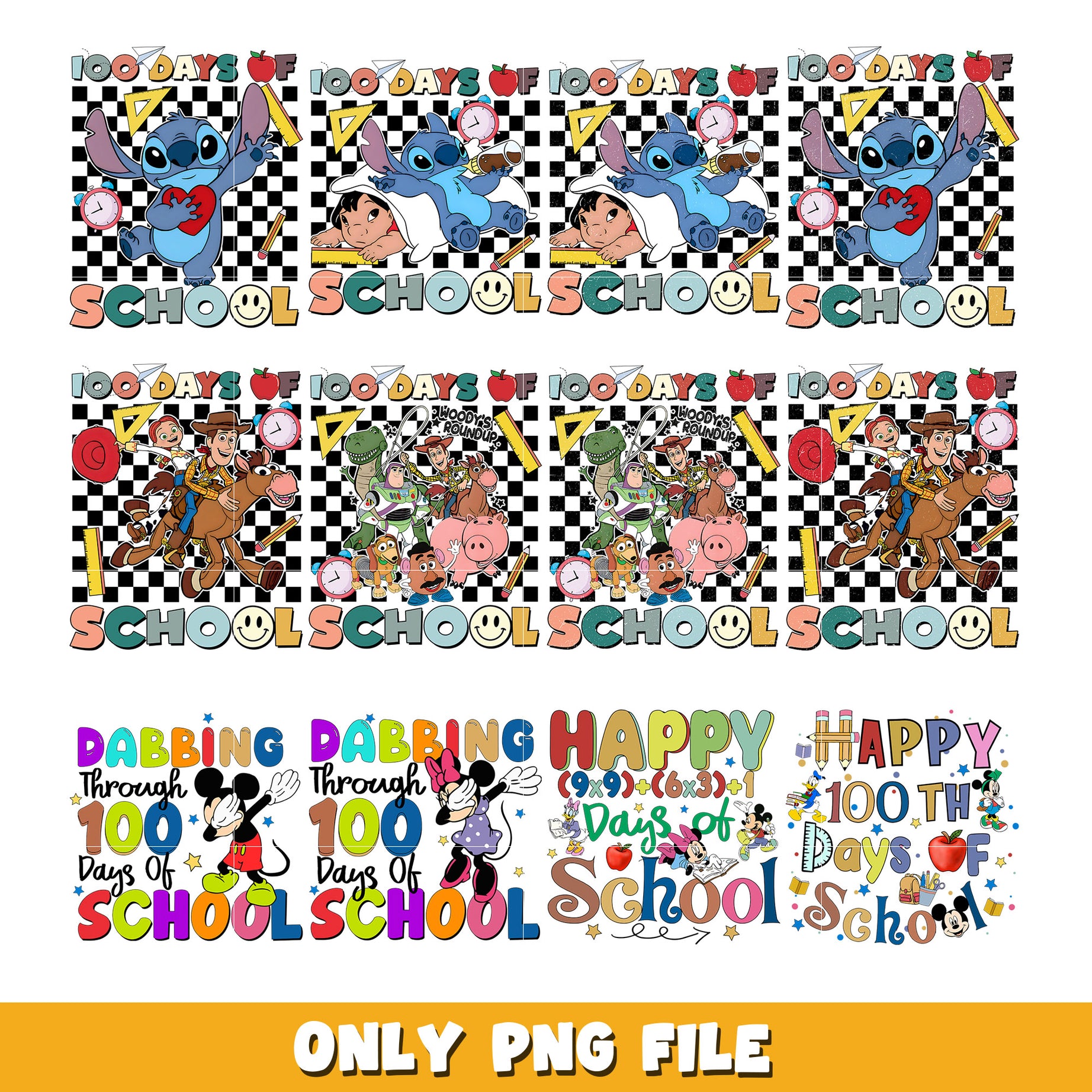  Cartoon 100 days school Designs bundle png,  Disney cartoon png, Digital download 