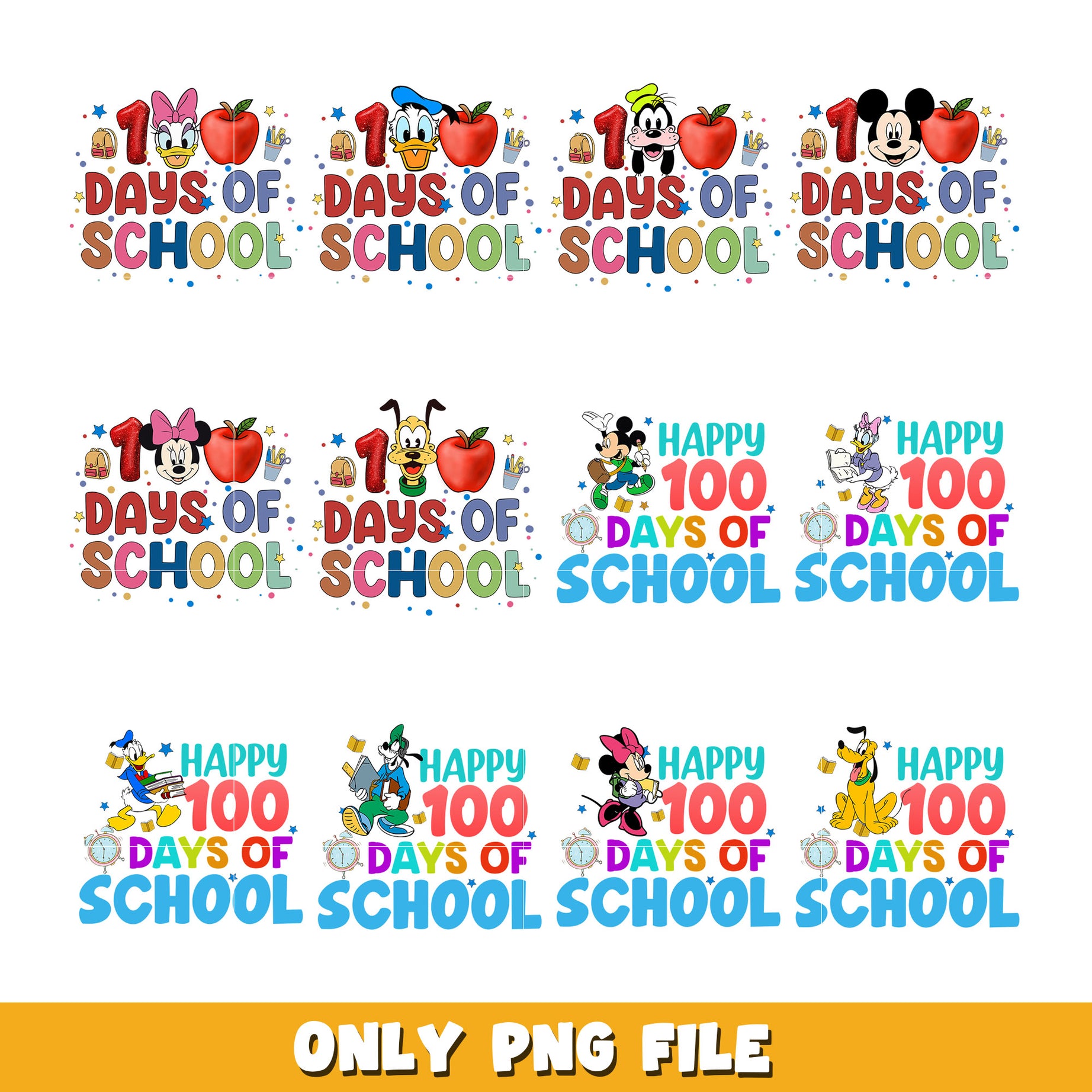 Happy 100 Days of School bundle png,  Disney cartoon png, Digital download 