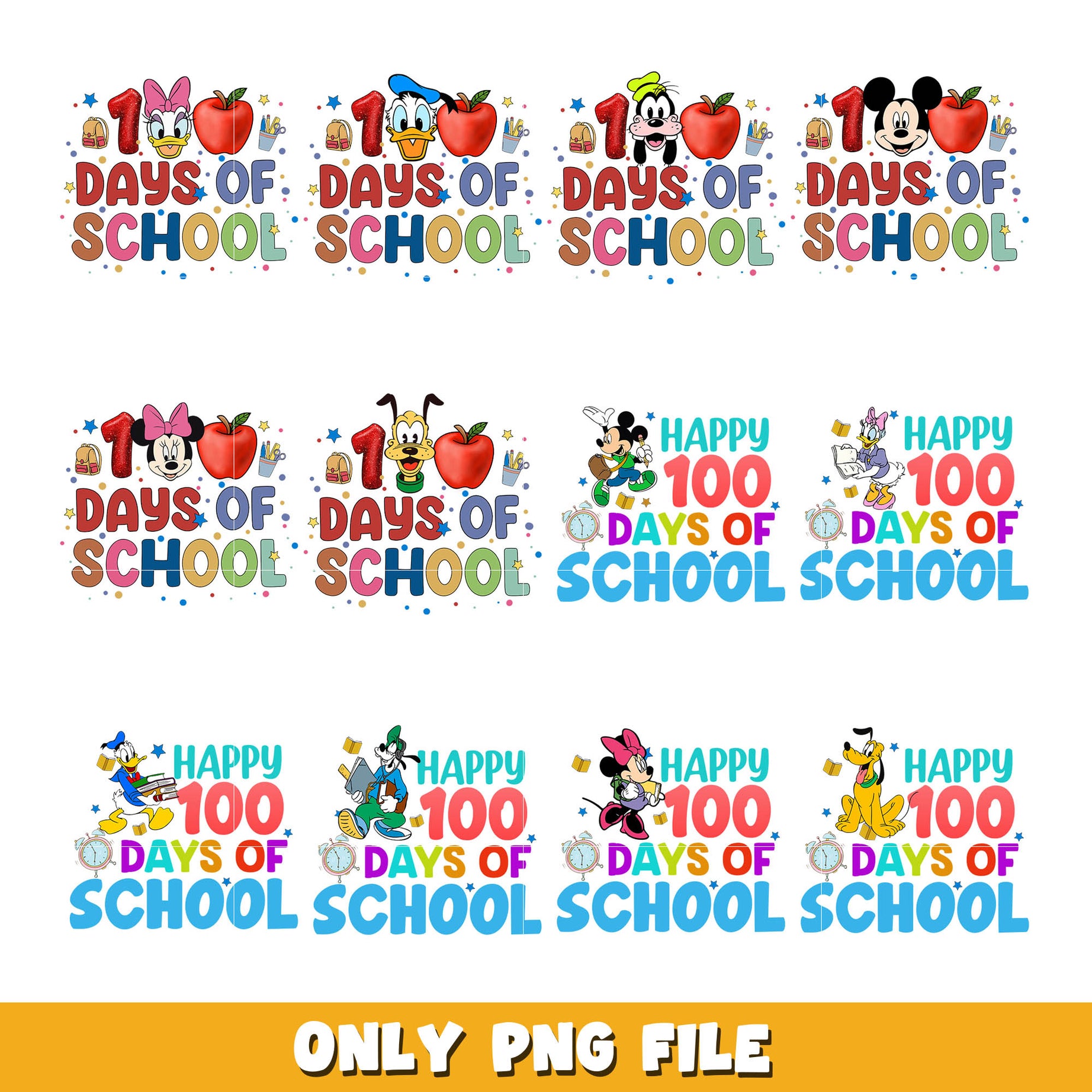 Disney happy 100 days of school png bundle, Disney school png, disney png