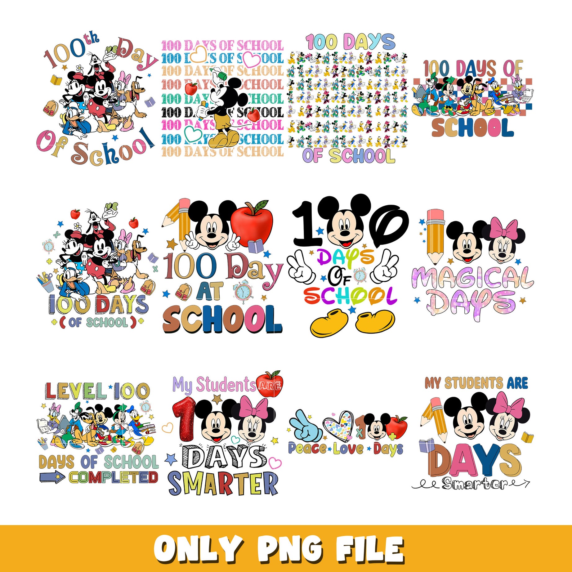 Disney 100 Days Of School cartoon bundle png,  Disney cartoon png, Digital download  