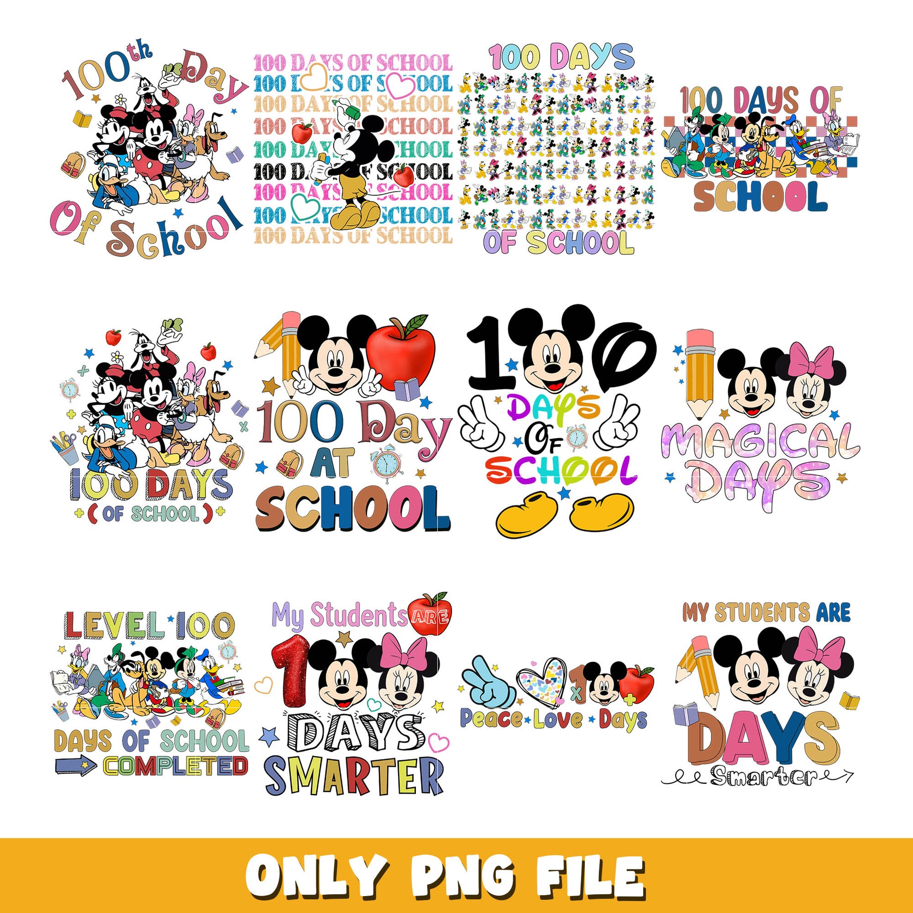 Mickey mouse 100 day of school png bundle, Disney school png, disney png