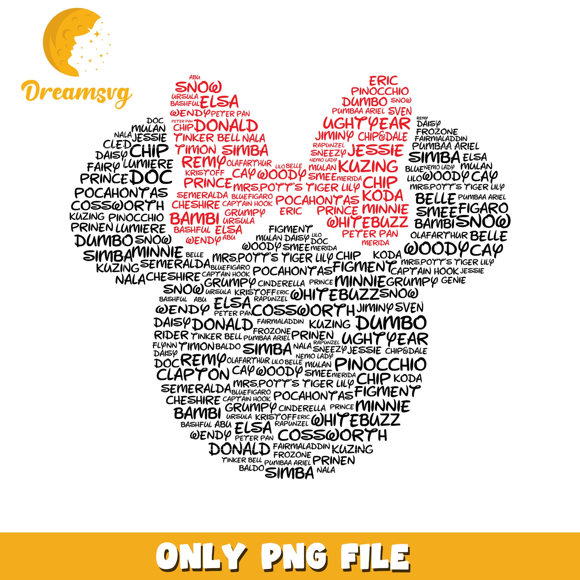 Disney Character Word Art Heart PNG Design for Kids