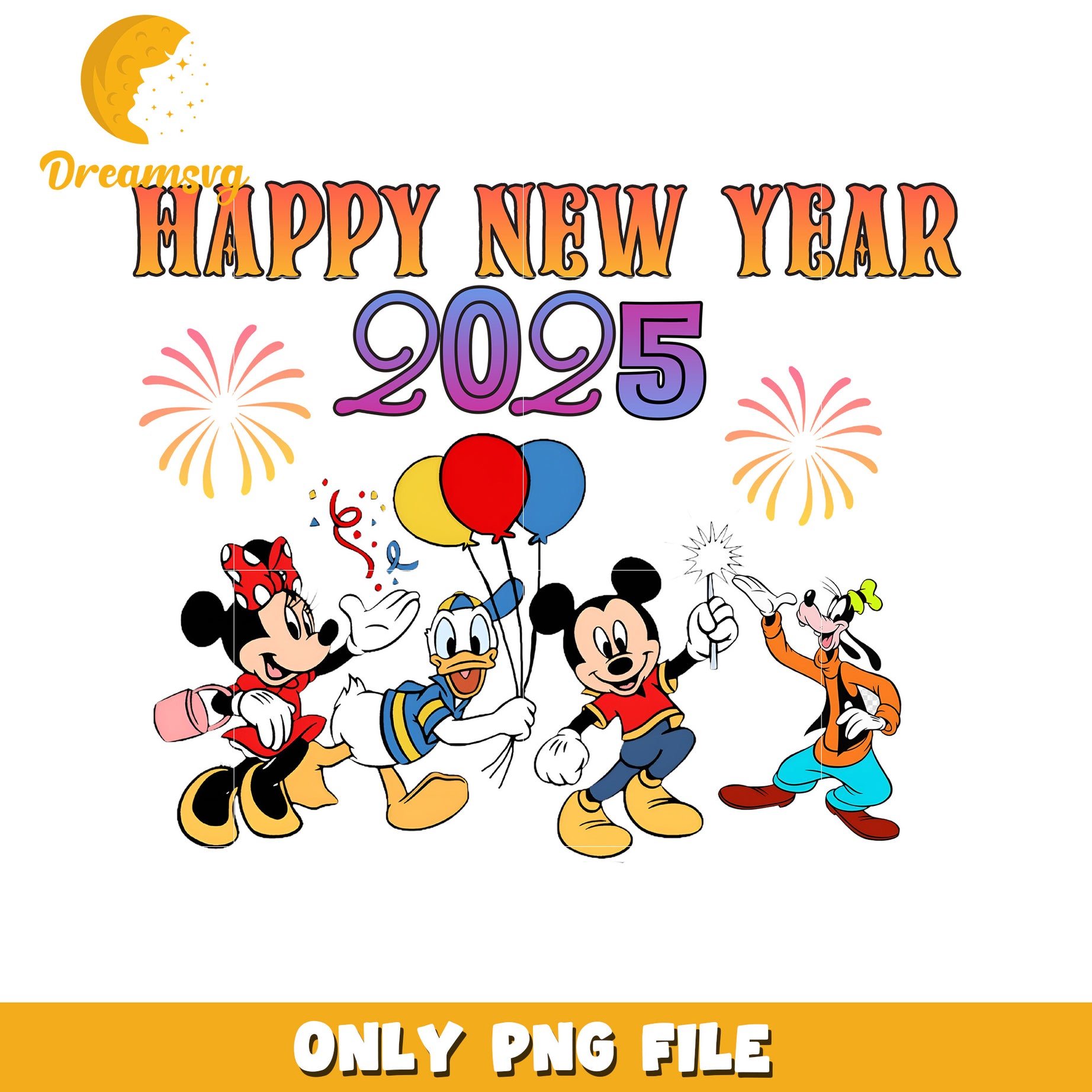 Disney Characters New Year 2025 Celebration PNG Design