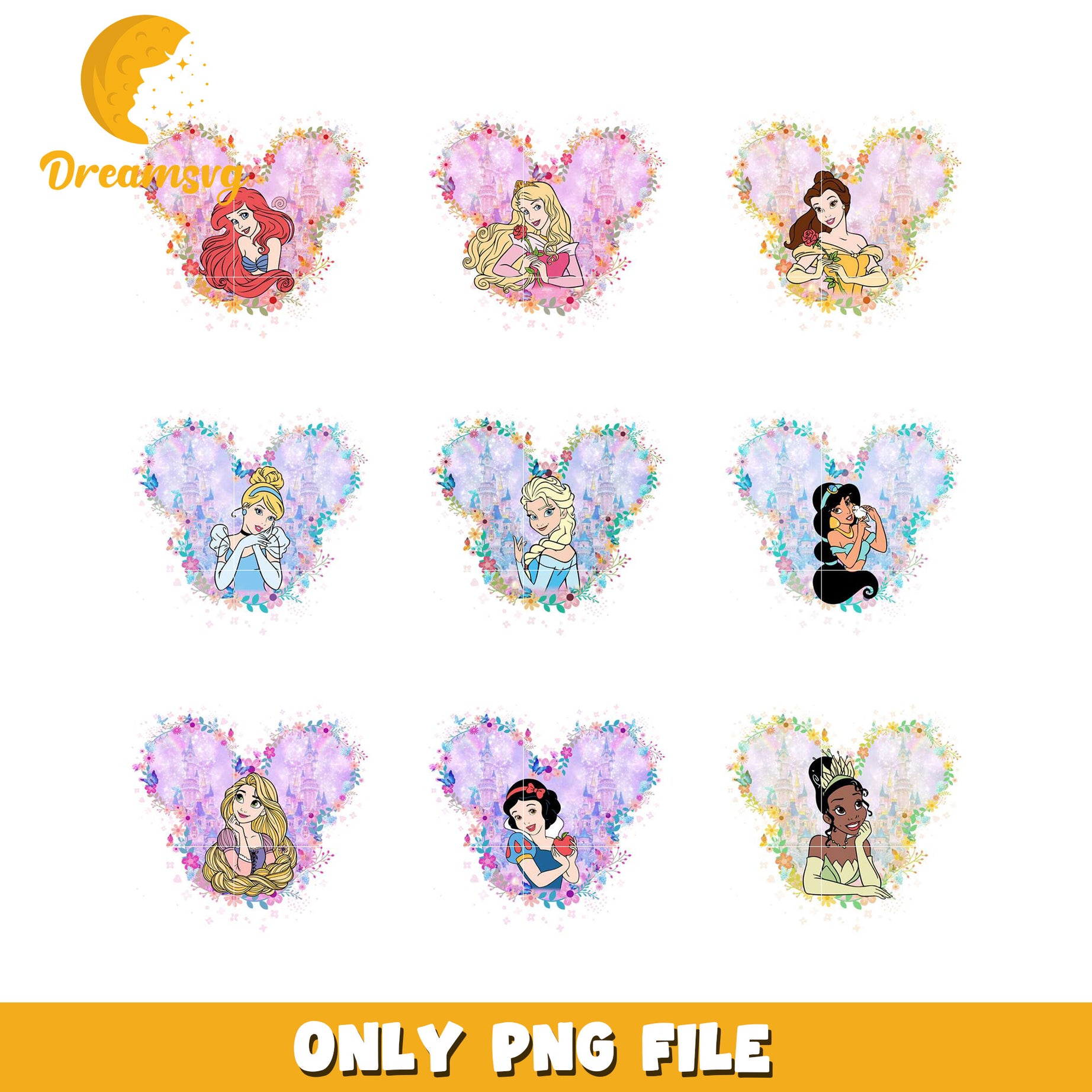 Disney Princess PNG Bundle with Glitter Heart Designs