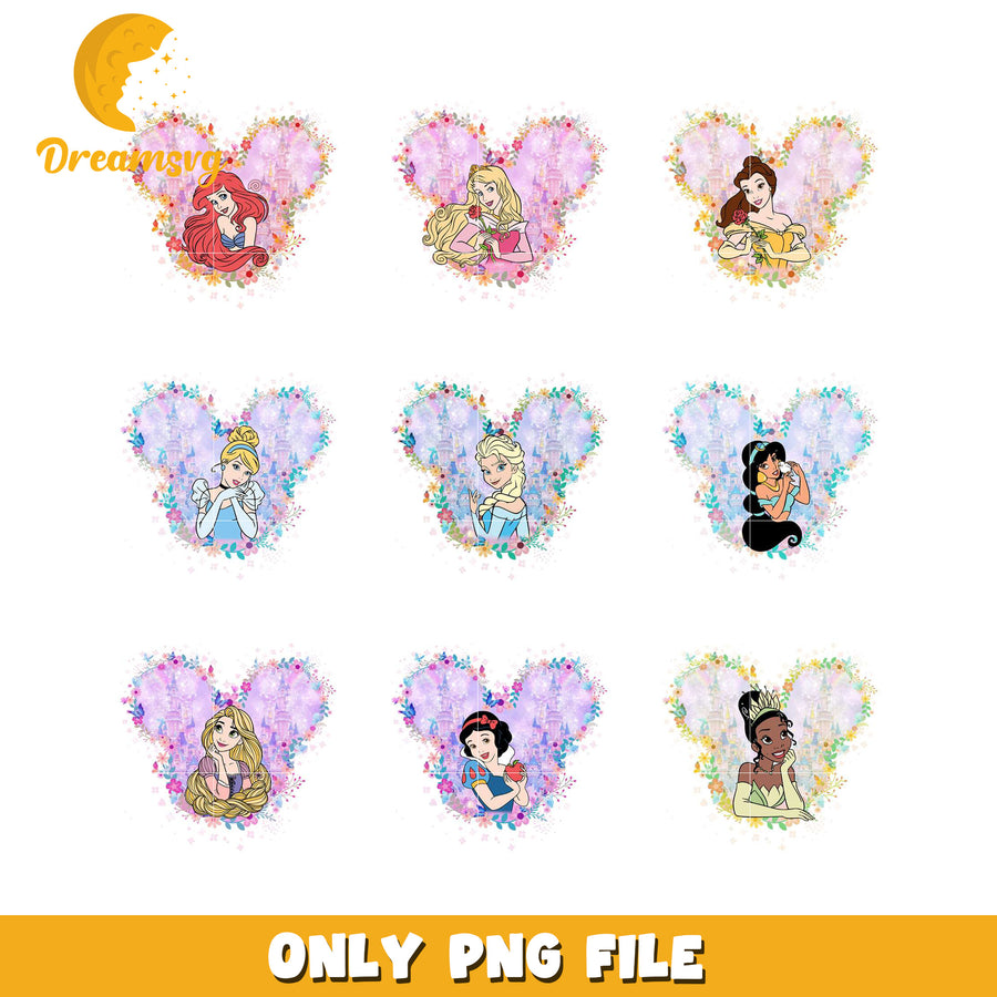 Disney Princess PNG Bundle with Glitter Heart Designs