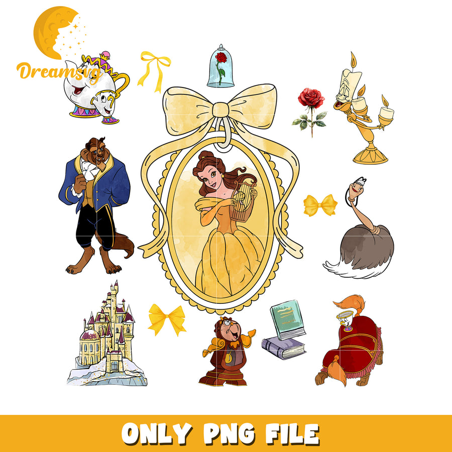 Disney beauty and the beast movie picture frame design png, belle pincess png, disney movie png